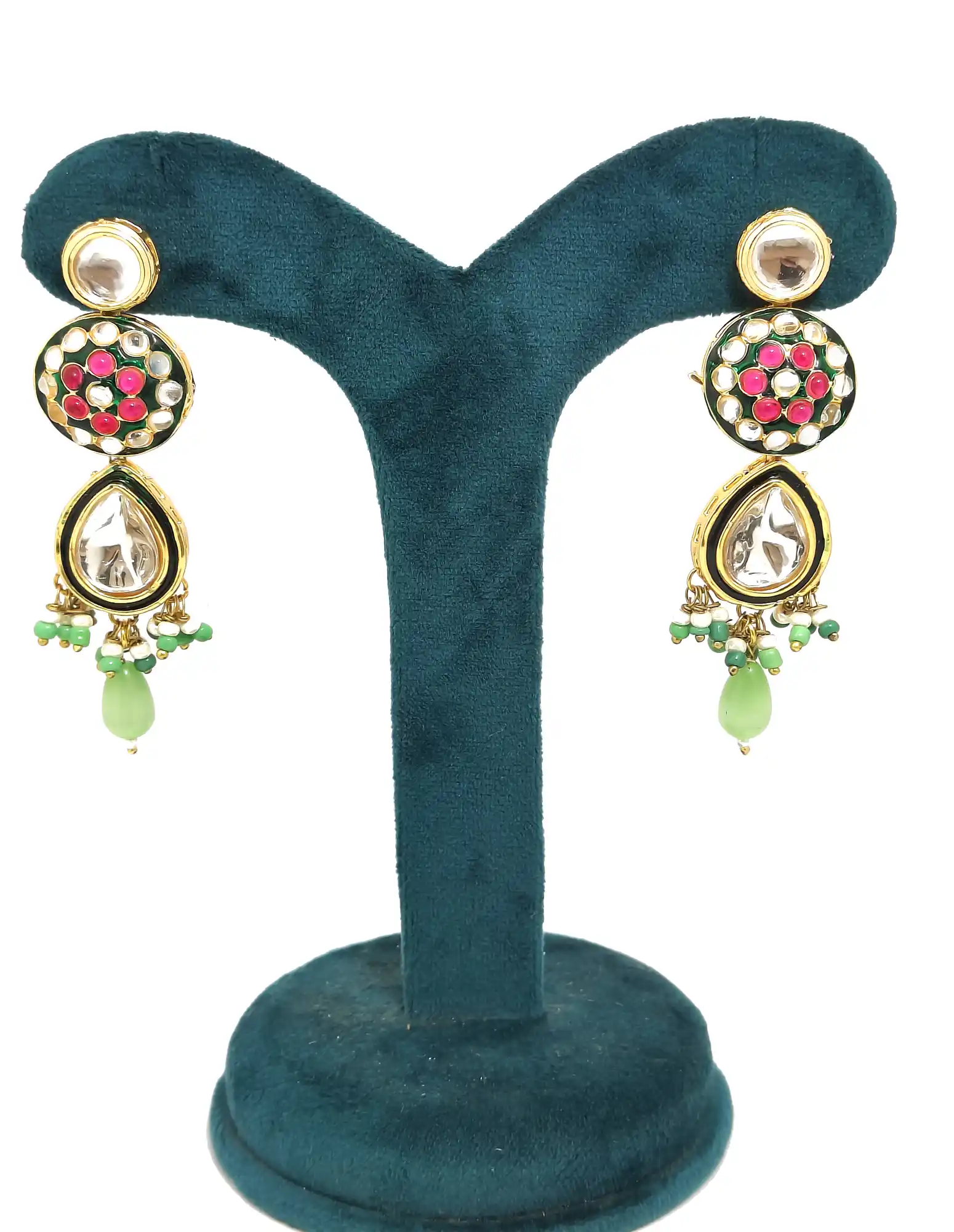 Matching kundan long earrings with teardrop polki - Mint Green Mint Green Polki Necklace Set - Image 5