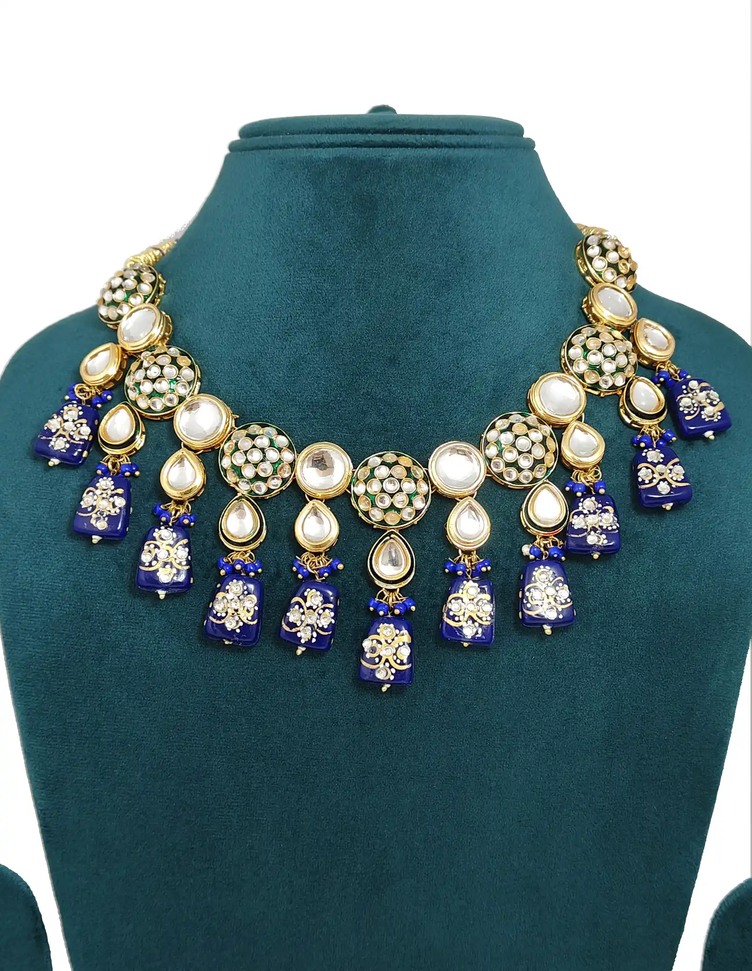 Kundan choker set displayed on teal - Blue Kundan Polki Necklace - Image 4