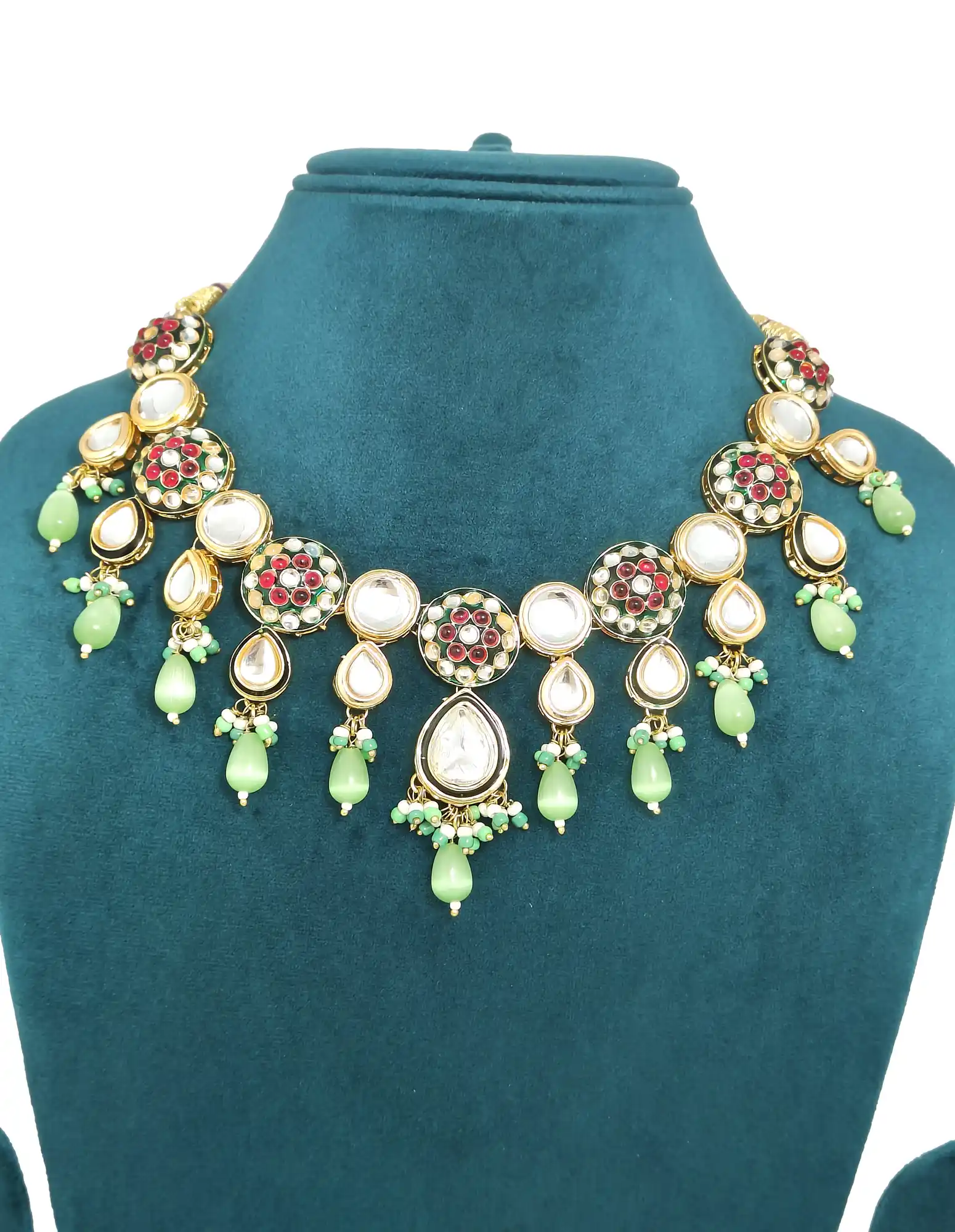 Detailed shot of light green bead drops and pearl - Mint Green Mint Green Polki Necklace Set - Image 3