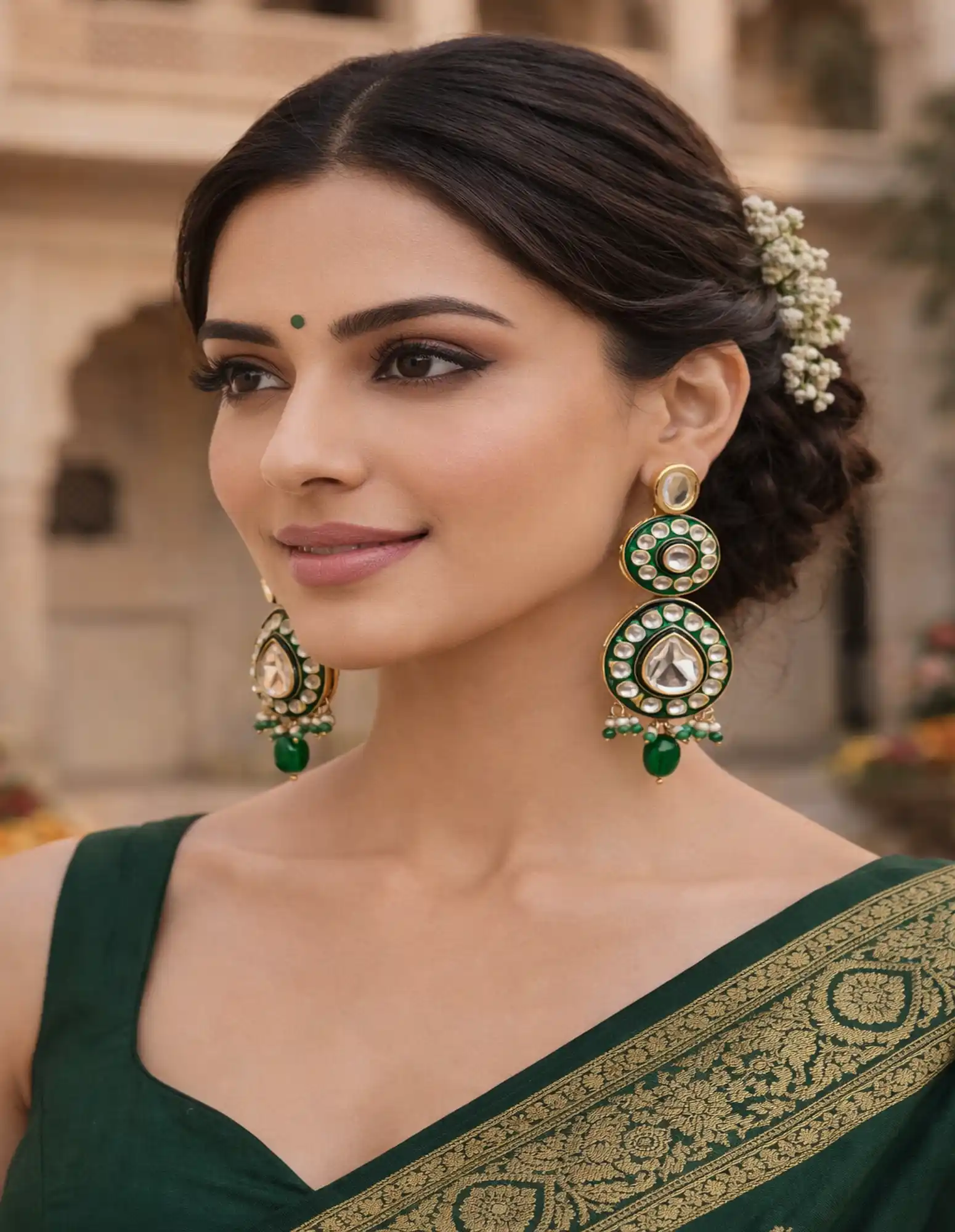 Gold Plated Polki Kundan Earrings with Green Drops - None Kundan Polki Earrings - Image 1