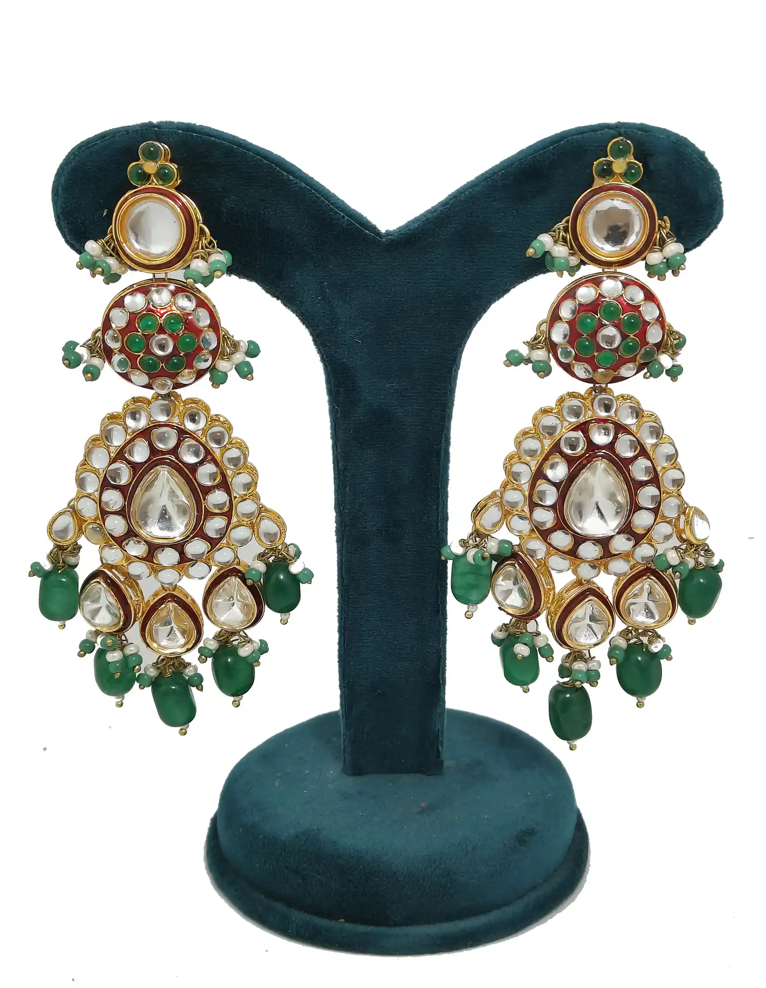 Kundan Polki earrings Green Stone - None Polki Bridal earrings - Image 2