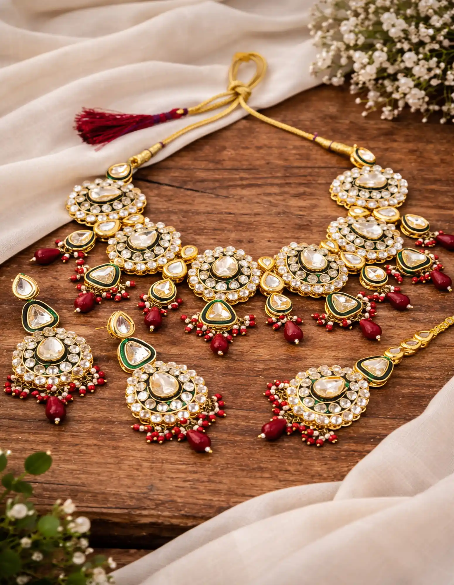 Emerald Gold Plated Kundan Polki Necklace Set - None Polki Jewellery Set - Image 5