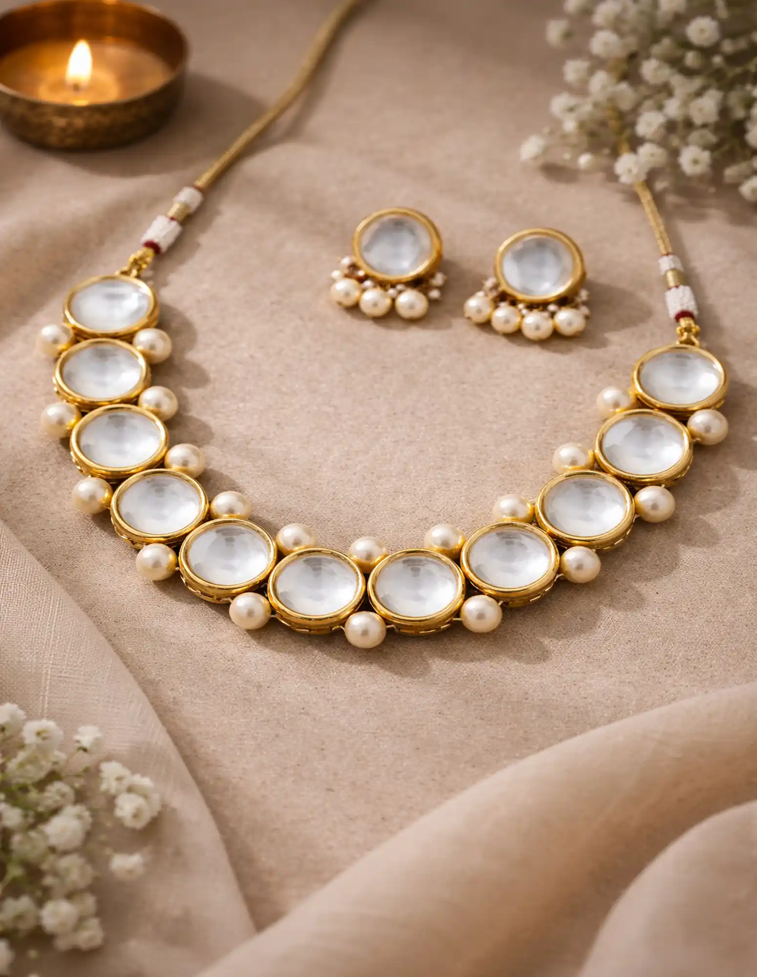Gold Plated Pearl Beads Polki Kundan Choker Set - None Beads Polki Kundan Choker Set - Image 1