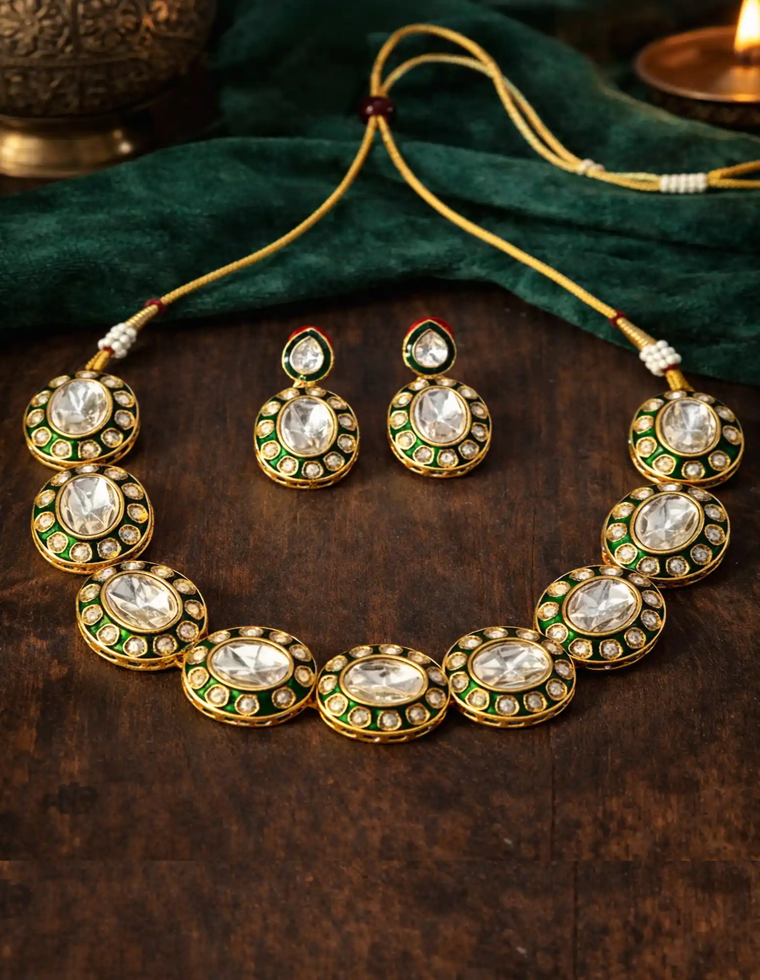Oval Shape Green Meenakari Gold Plated Ethnic Set - None Meenakari Kundan Polki Neckalce - Image 1