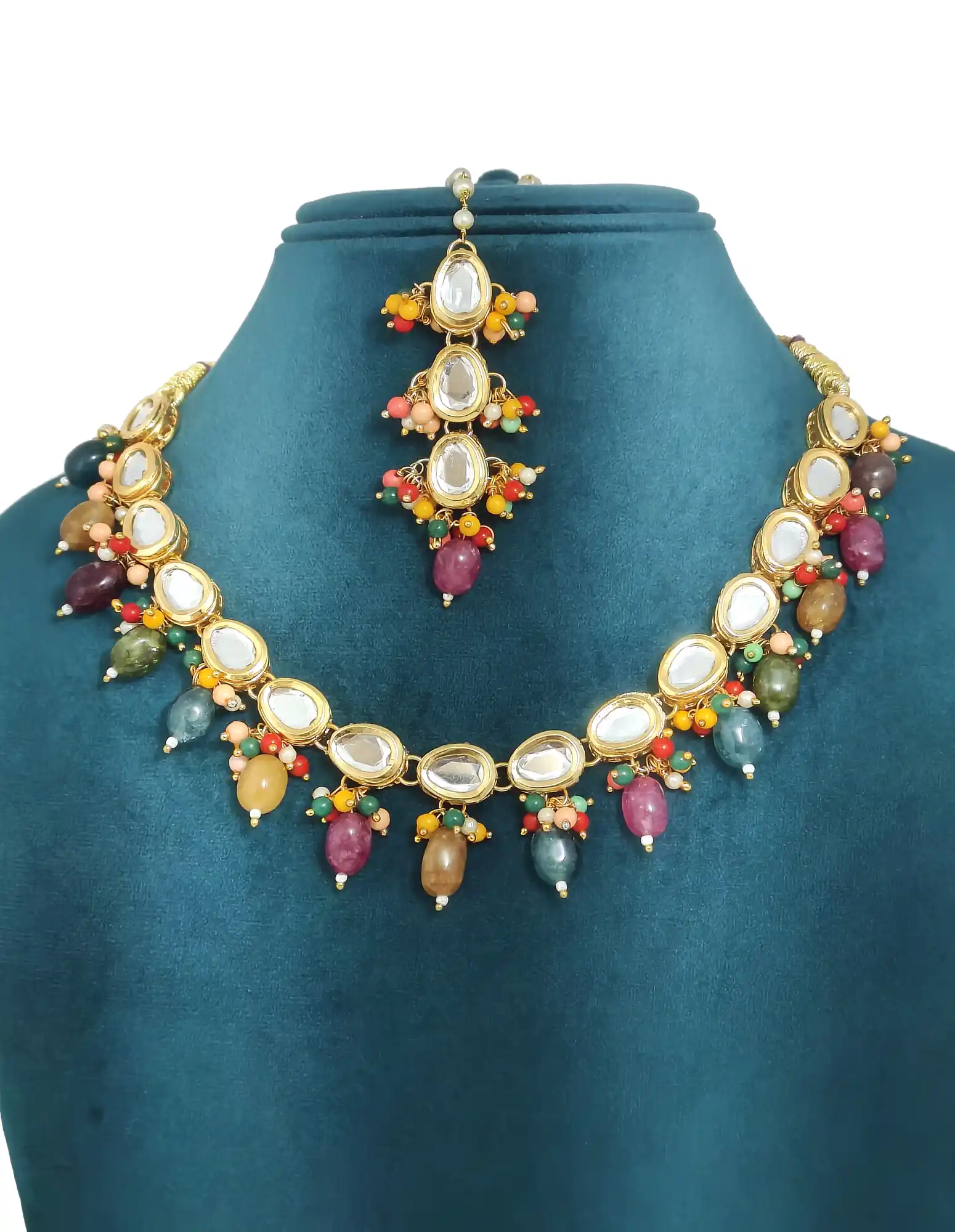 Ethnic gold-plated jewelry set with multicolor - None Pearls Necklace Set - Image 2
