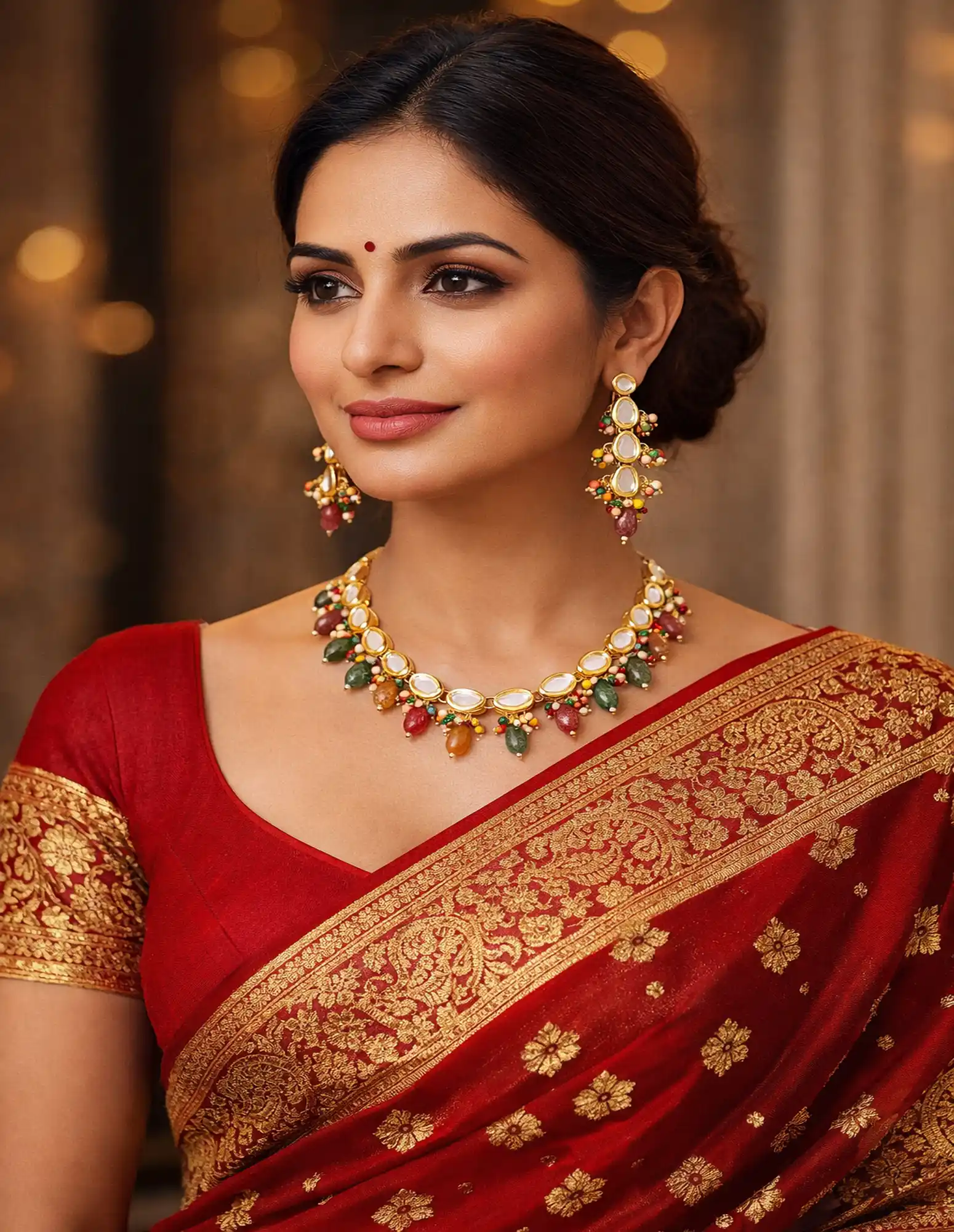 Multicolor Pearl Drop Kundan Necklace Set with Ear - None Pearls Necklace Set - Image 6