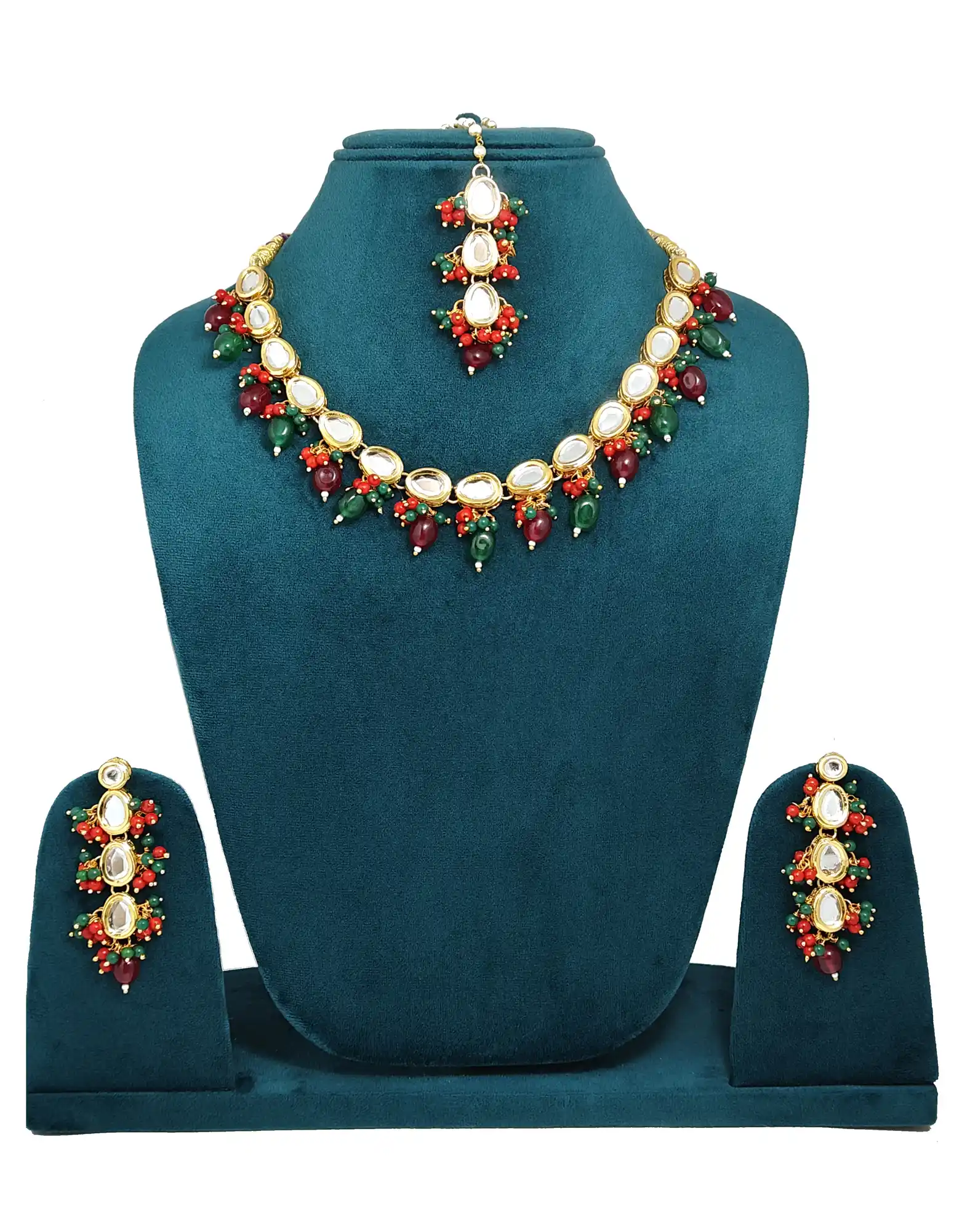 Red and Green Pearl Drop Kundan Necklace Set - None Red Green Kundan Pearls Set - Image 1