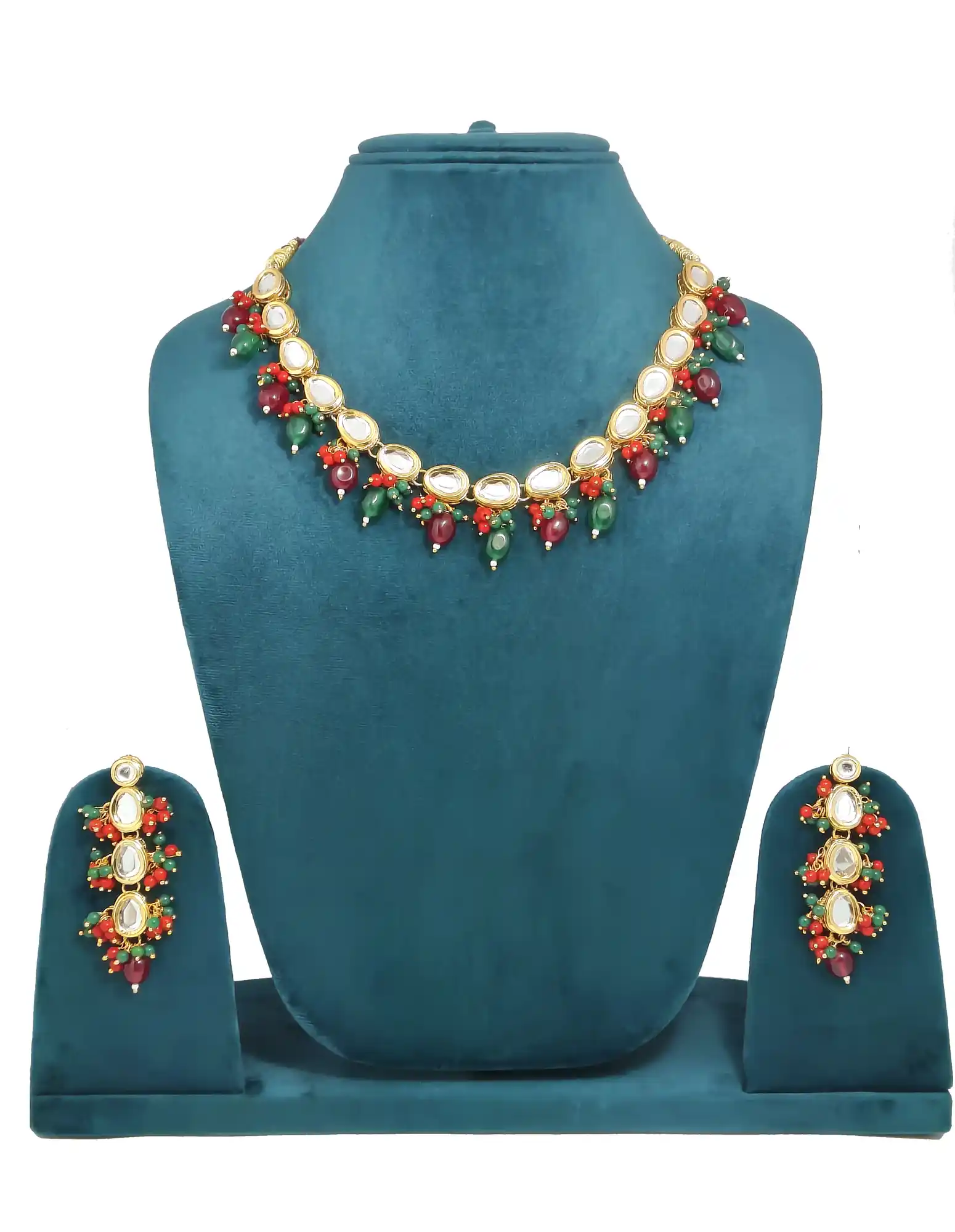 Traditional gold-tone kundan necklace - None Red Green Kundan Pearls Set - Image 2