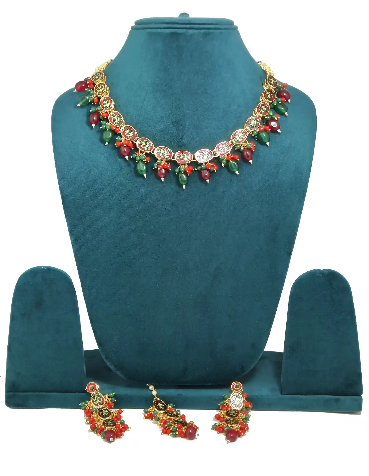 Back View Red and Green Pearl Drop Kundan Necklace - None Red Green Kundan Pearls Set - Image 5