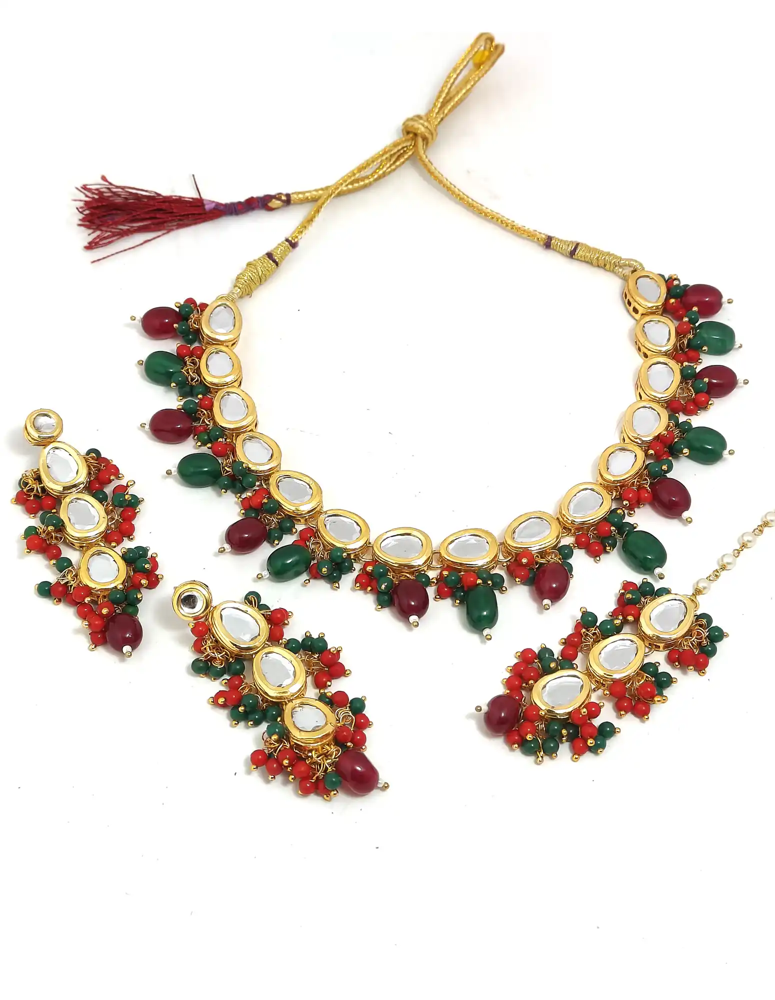 Red Green Single Layer Kundan Set - None Red Green Kundan Pearls Set - Image 4