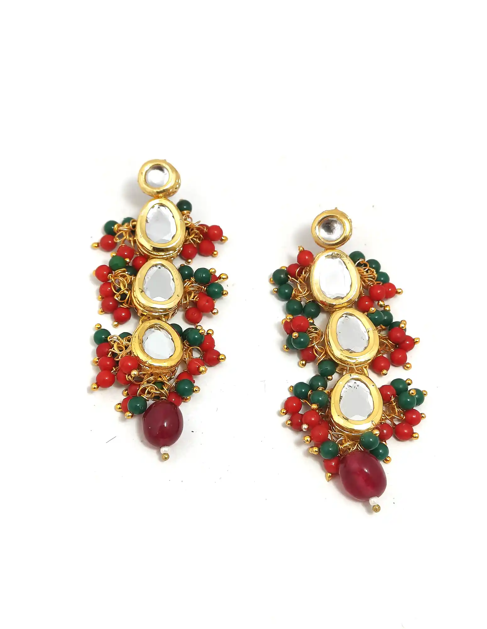 Traditional gold-tone kundan necklace Earrings - None Red Green Kundan Pearls Set - Image 6