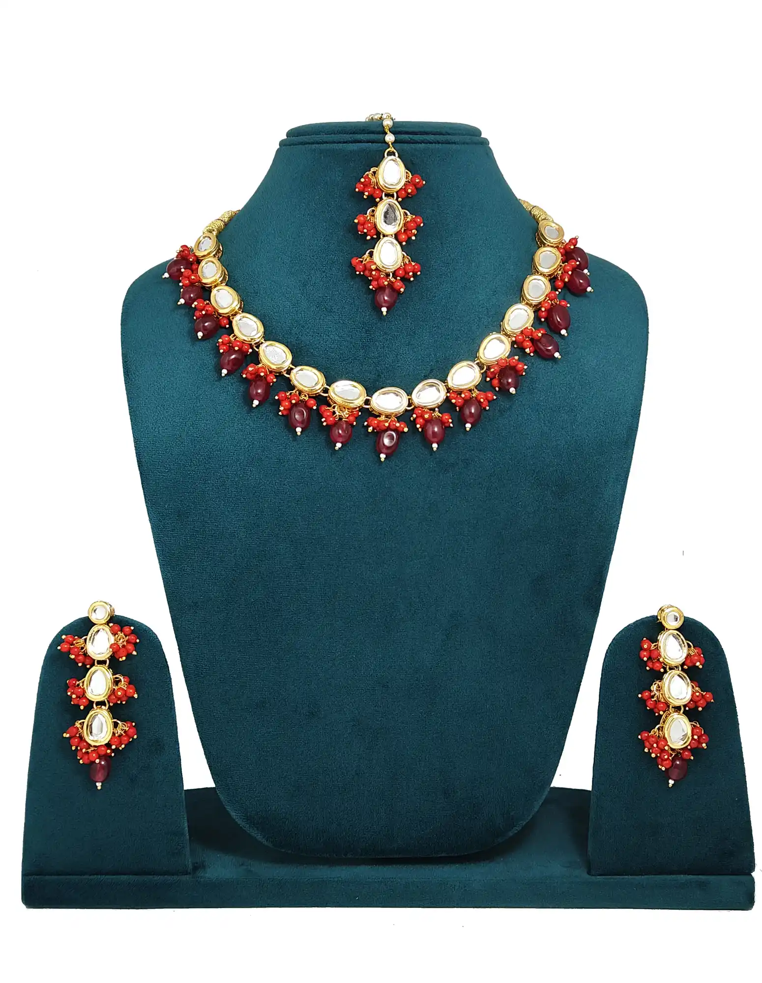Red Pearls Drop Kundan Necklace Set - for jewellery making