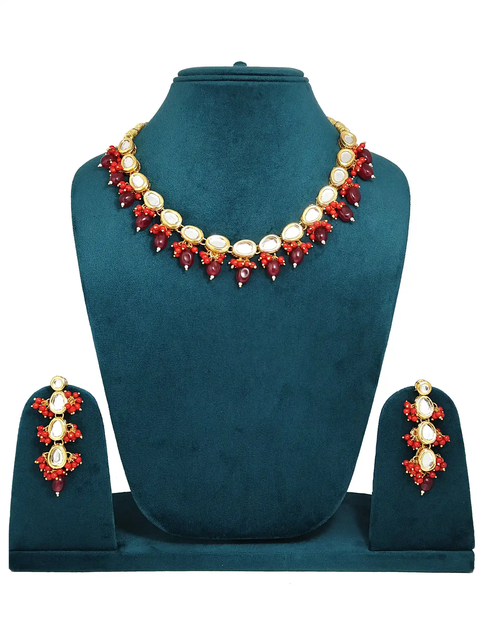 Front View of Red Pearls Drop Kundan Necklace Set - None Red Pearls Necklace Set - Image 4