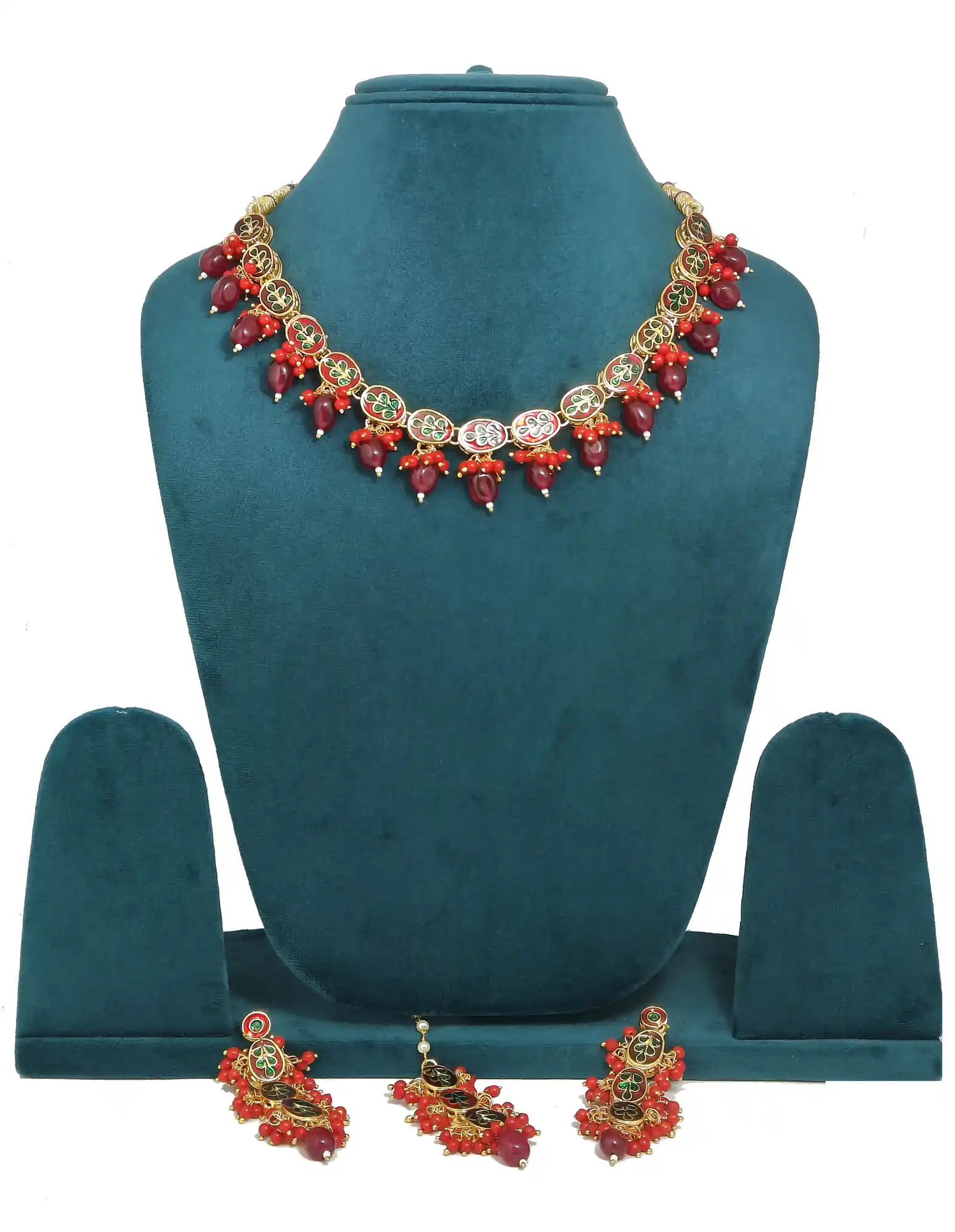 Elegant bridal Kundan jewelry set with red pearls - None Red Pearls Necklace Set - Image 3