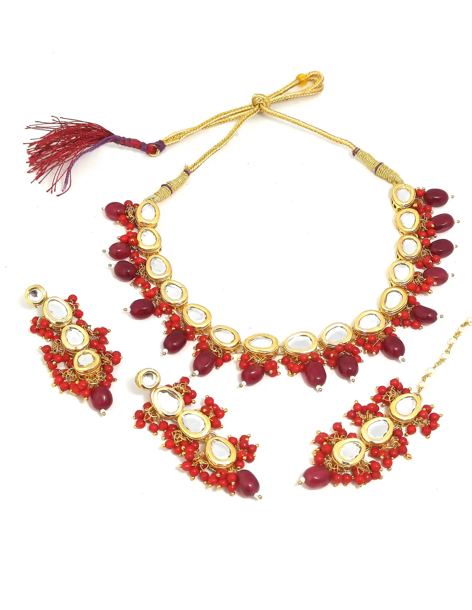 Maine view of Red Pearls Drop Kundan Necklace Set - None Red Pearls Necklace Set - Image 5