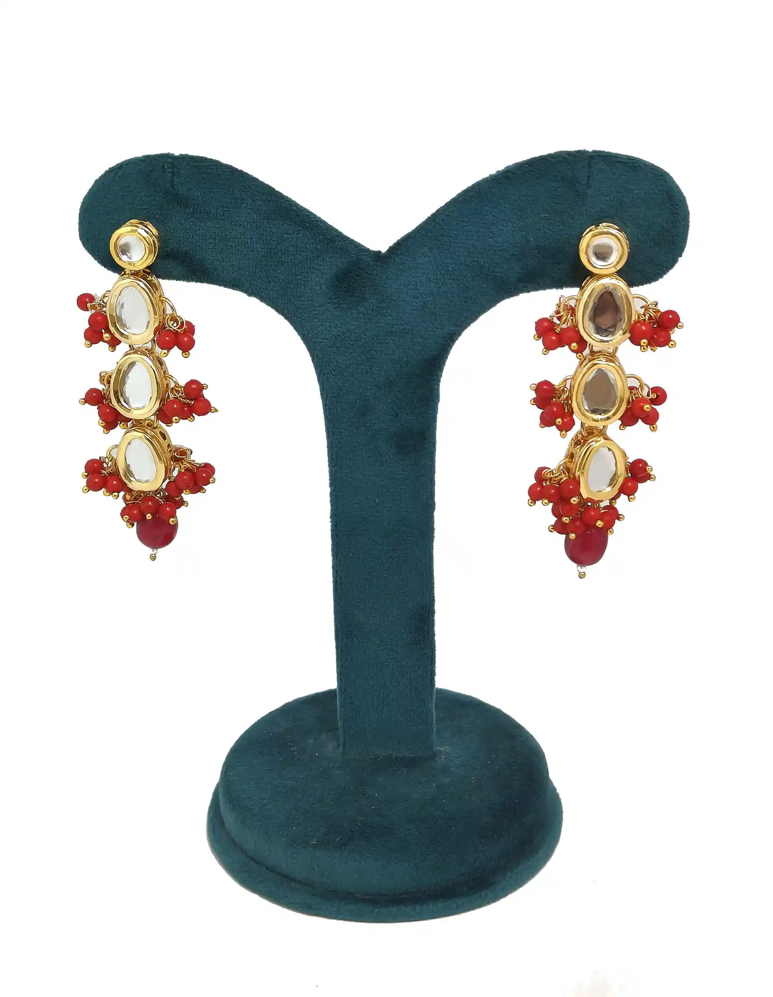 Earrings of Red Pearls Drop Kundan Necklace Set - None Red Pearls Necklace Set - Image 6