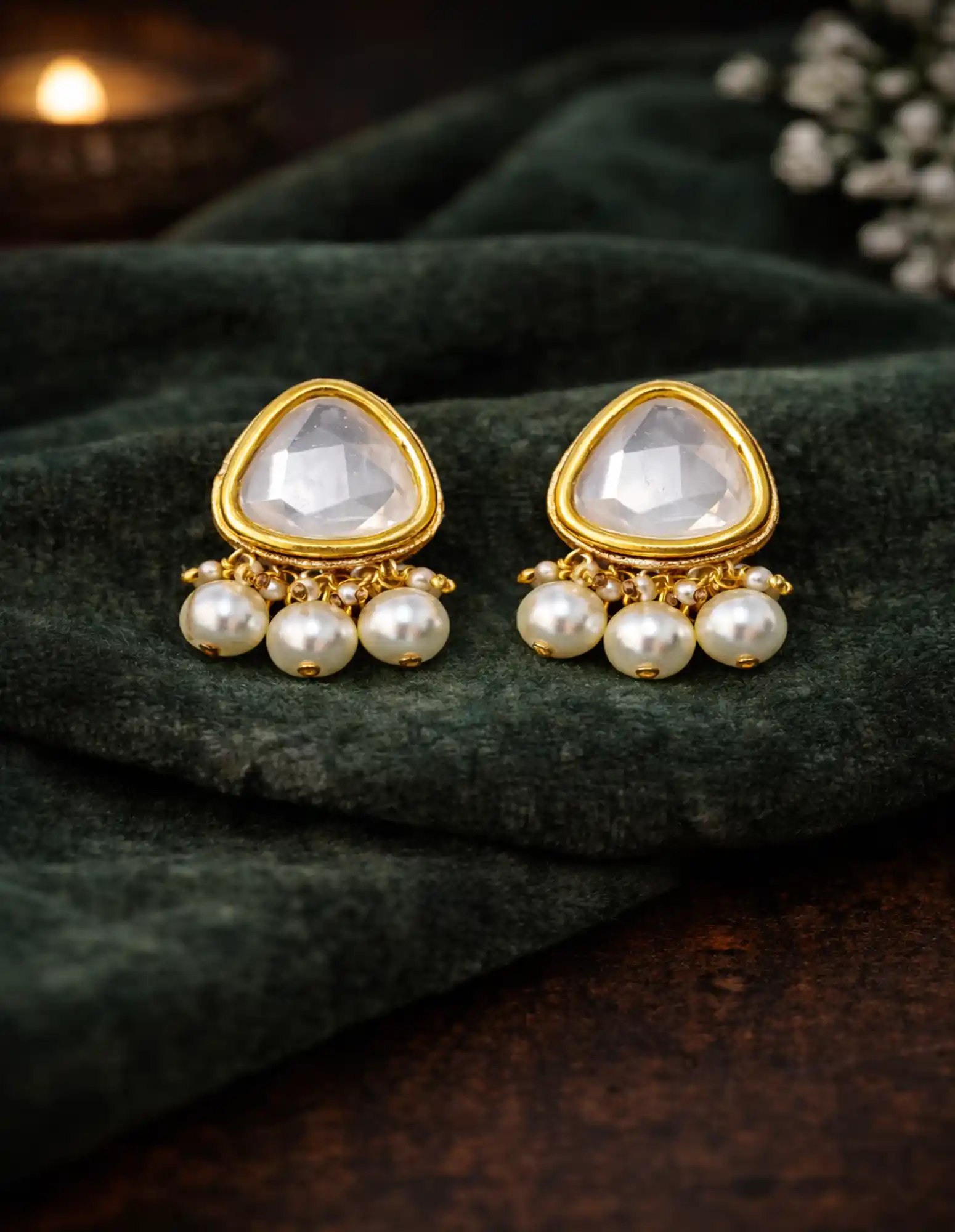 Earrings of Big Kundan Necklace Set - None White Pearls Beads Necklace Set - Image 2