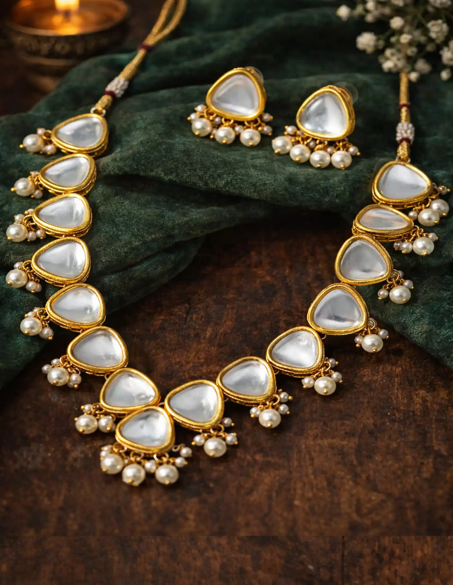 Pearl Beads Meenaakri Big Kundan Necklace Set - None White Pearls Beads Necklace Set - Image 1
