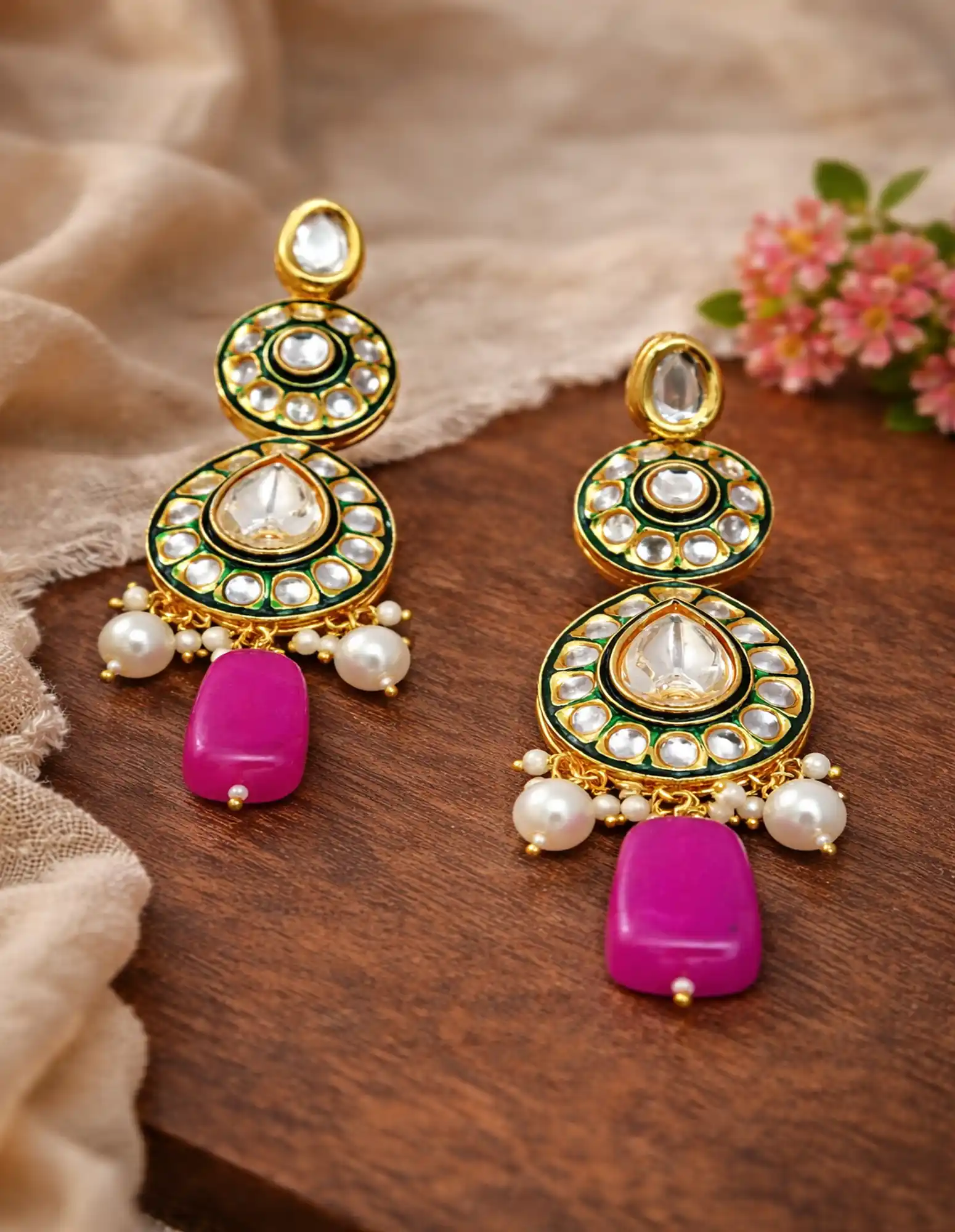 Elegant Polki kundan earrings with Dark Pink pearl - None Polki Earrings - Image 1