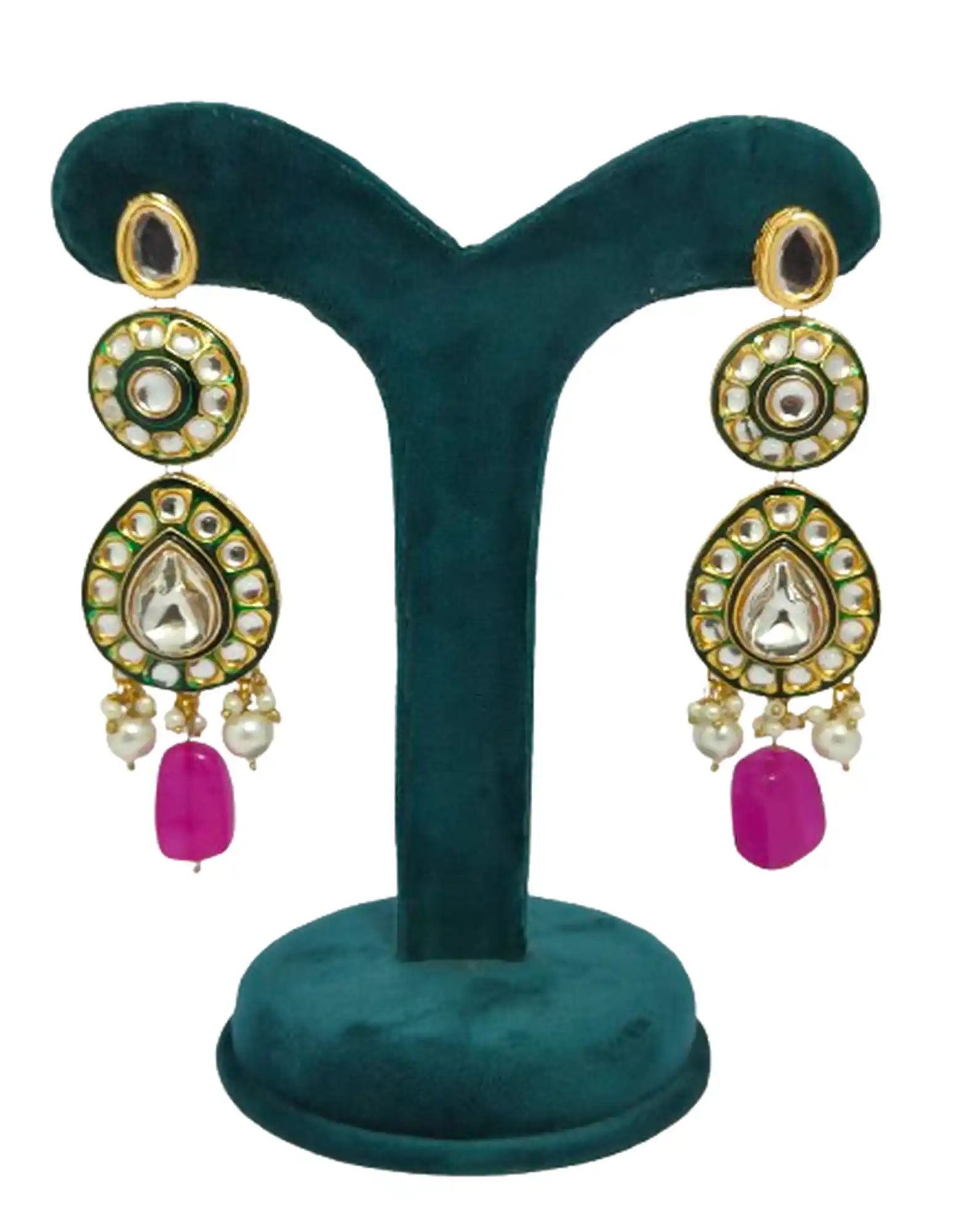 view of Polki kundan earrings with Dark Pink pearl - None Polki Earrings - Image 2