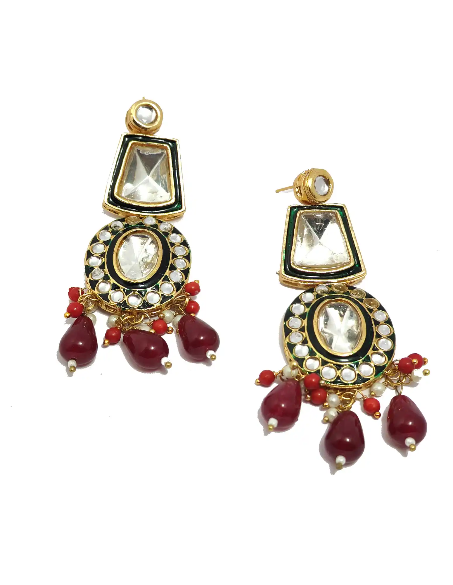 Front of Opulent Indian Polki Kundan earrings - None Polki Earrings - Image 3