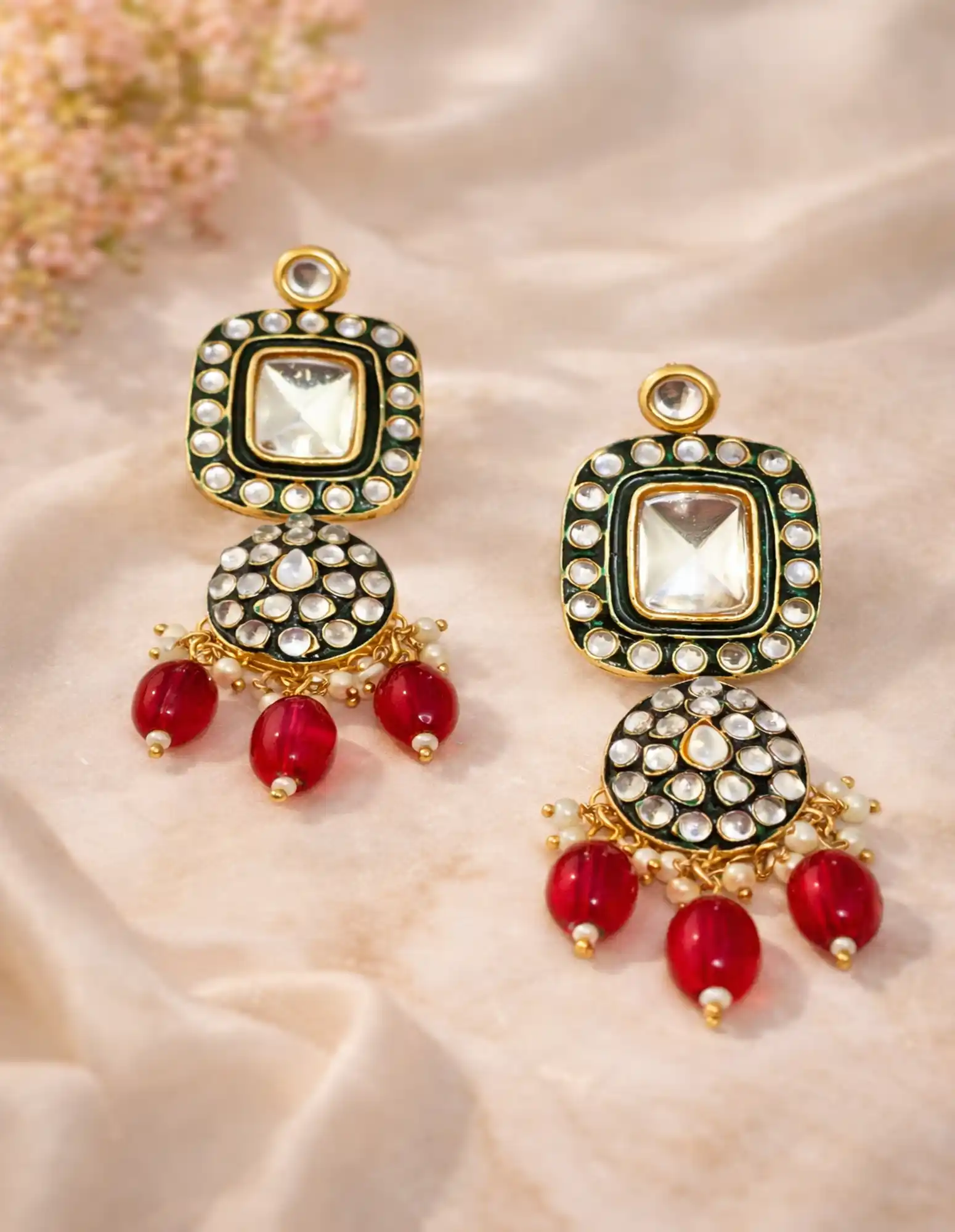 Red Pearls Polki Kundan Earrings for Girls