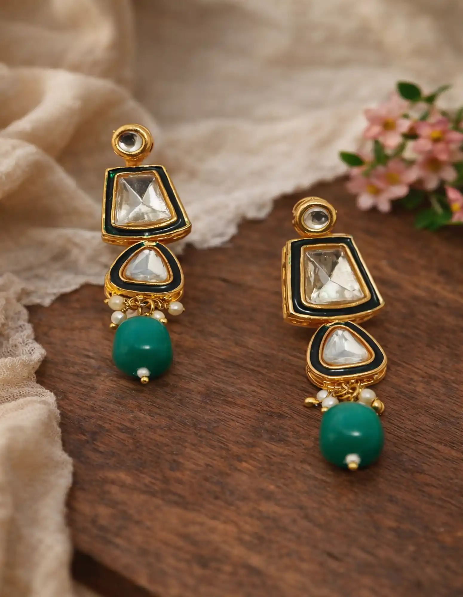 Traditional Indian Polki Monalisa Stone Earings