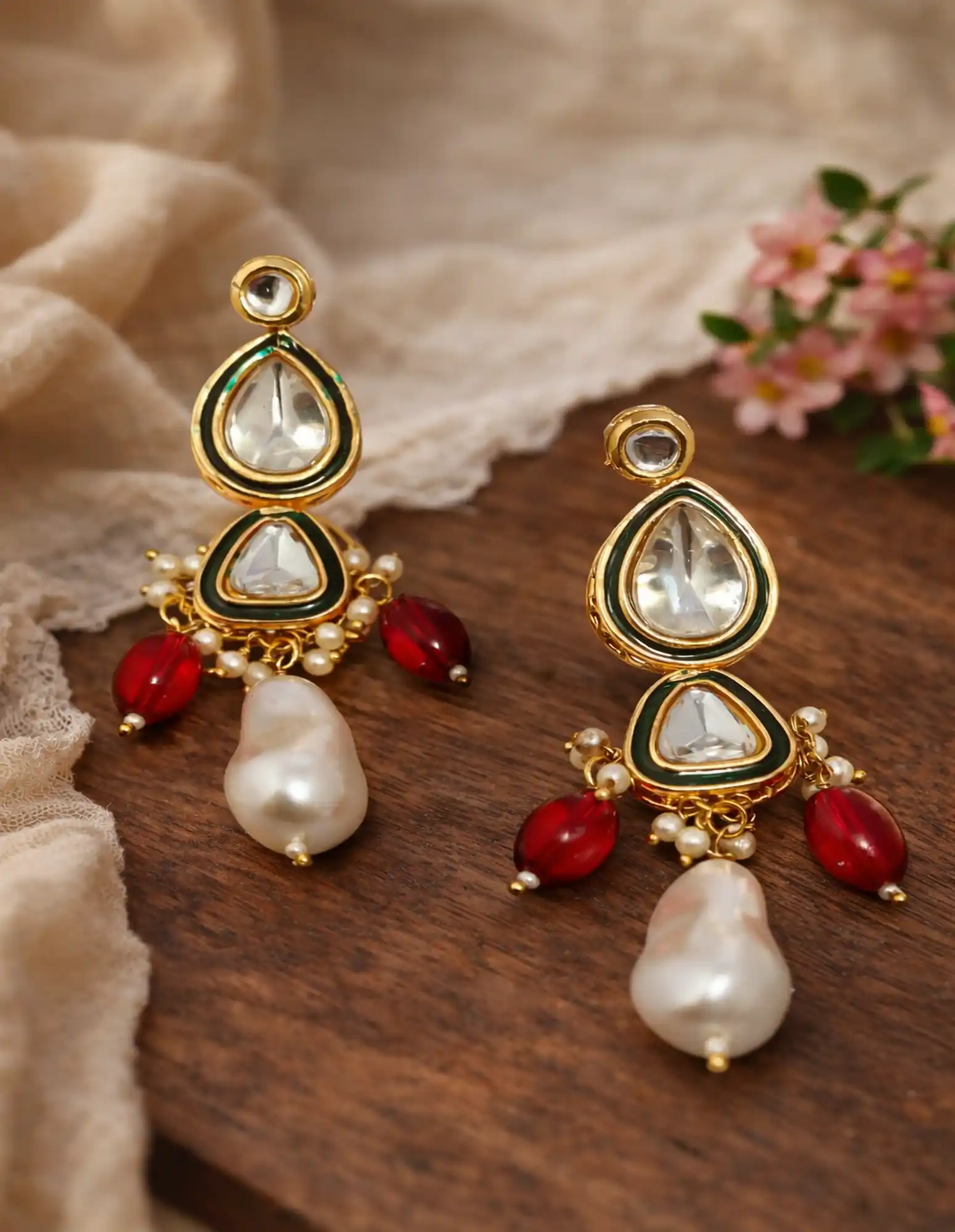 White Pearls Polki Kundan Earrings