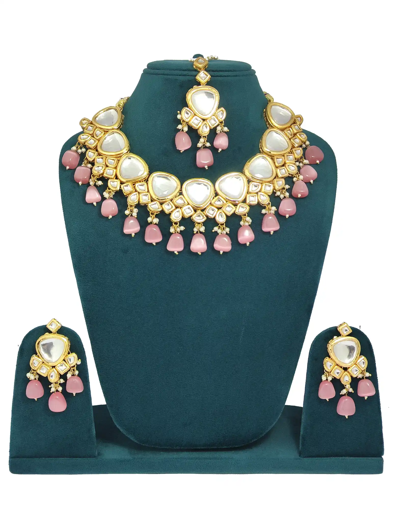 Double Layered Intricate Kundan Necklace Set - None Light Red Kundan Necklace Set - Image 1
