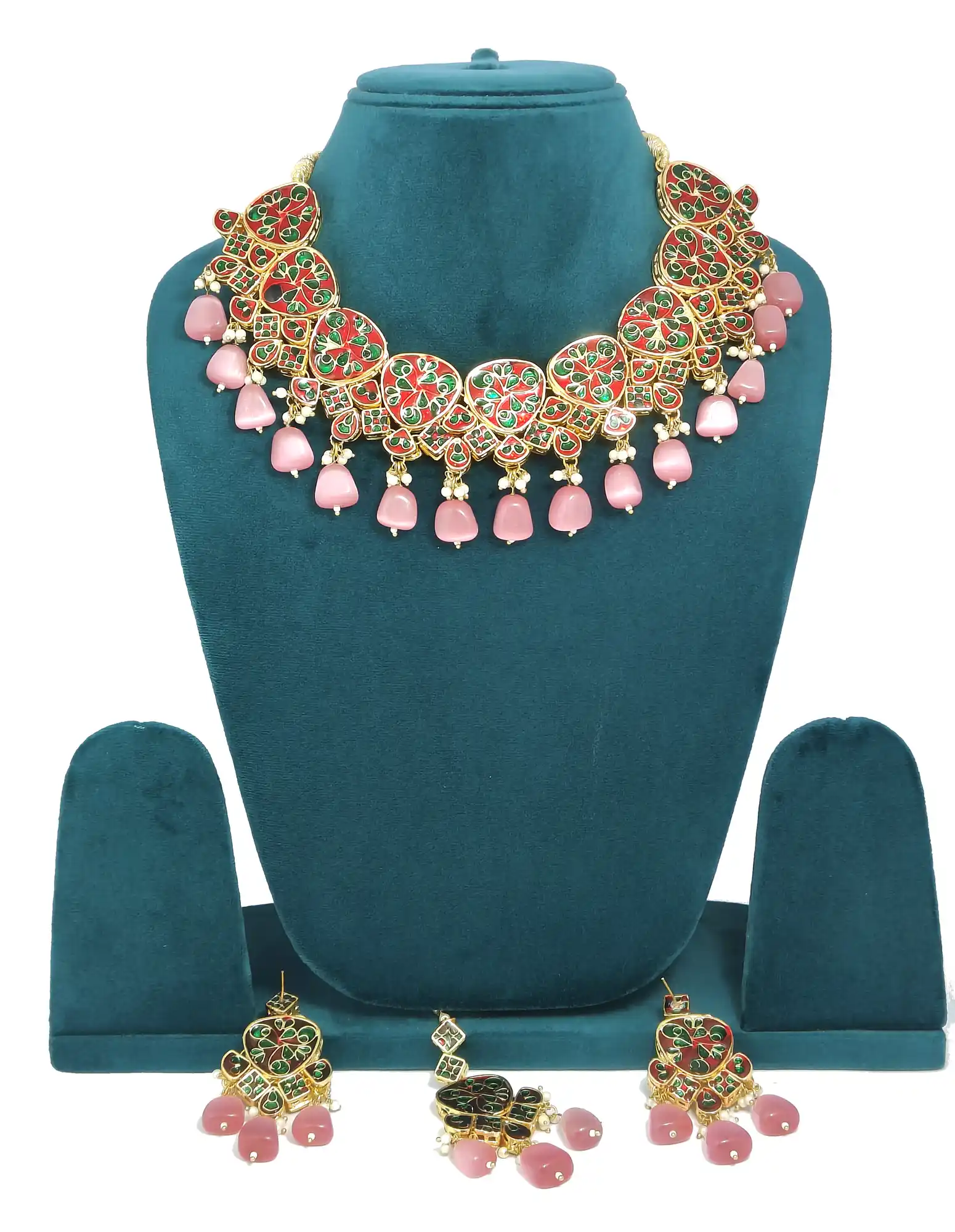 Back View of Double Layered Kundan Necklace Set - None Light Red Kundan Necklace Set - Image 2