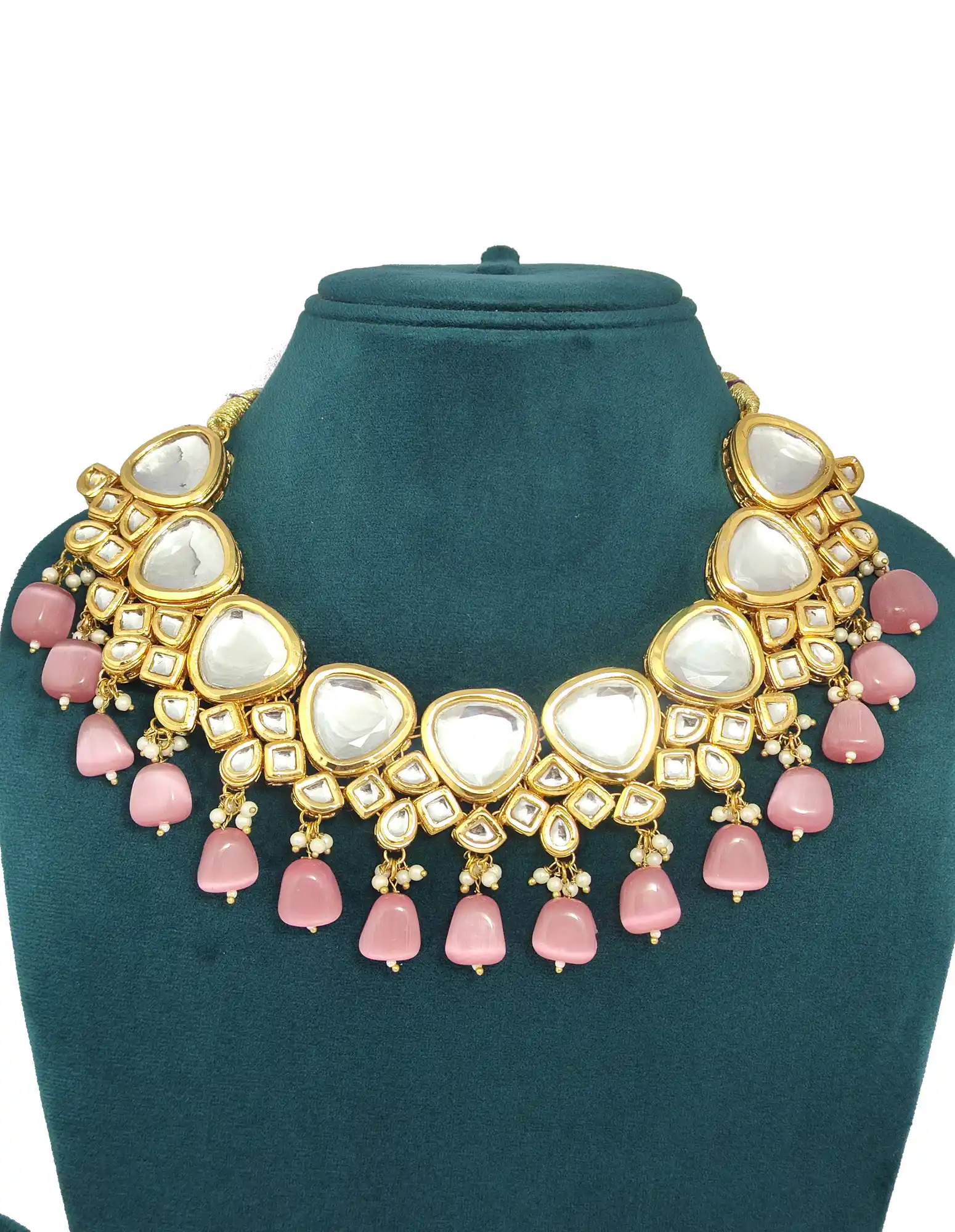 Double Layered Kundan Necklace Set - Light Red - None Light Red Kundan Necklace Set - Image 3