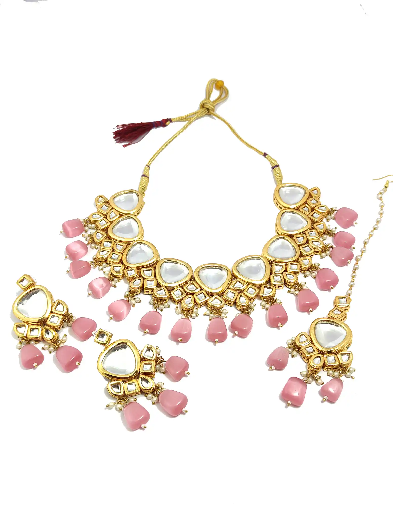 Front View of Kundan Necklace Set Double Layered - None Light Red Kundan Necklace Set - Image 5
