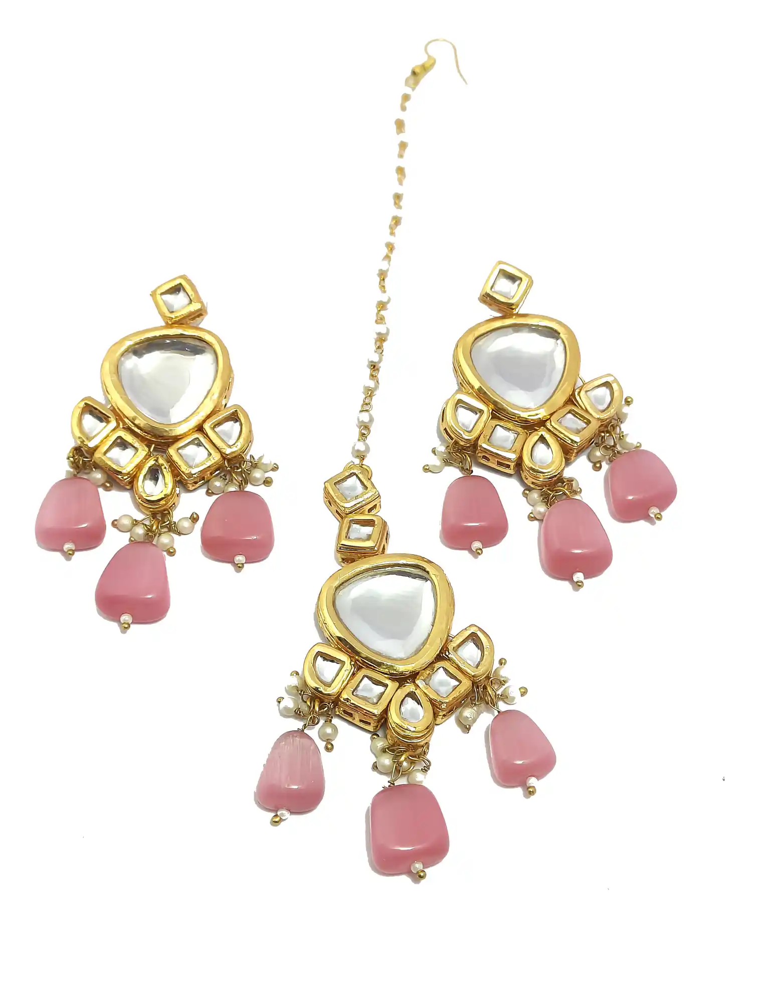 Earring Maang Tikka Intricate Kundan Necklace Set - None Light Red Kundan Necklace Set - Image 6