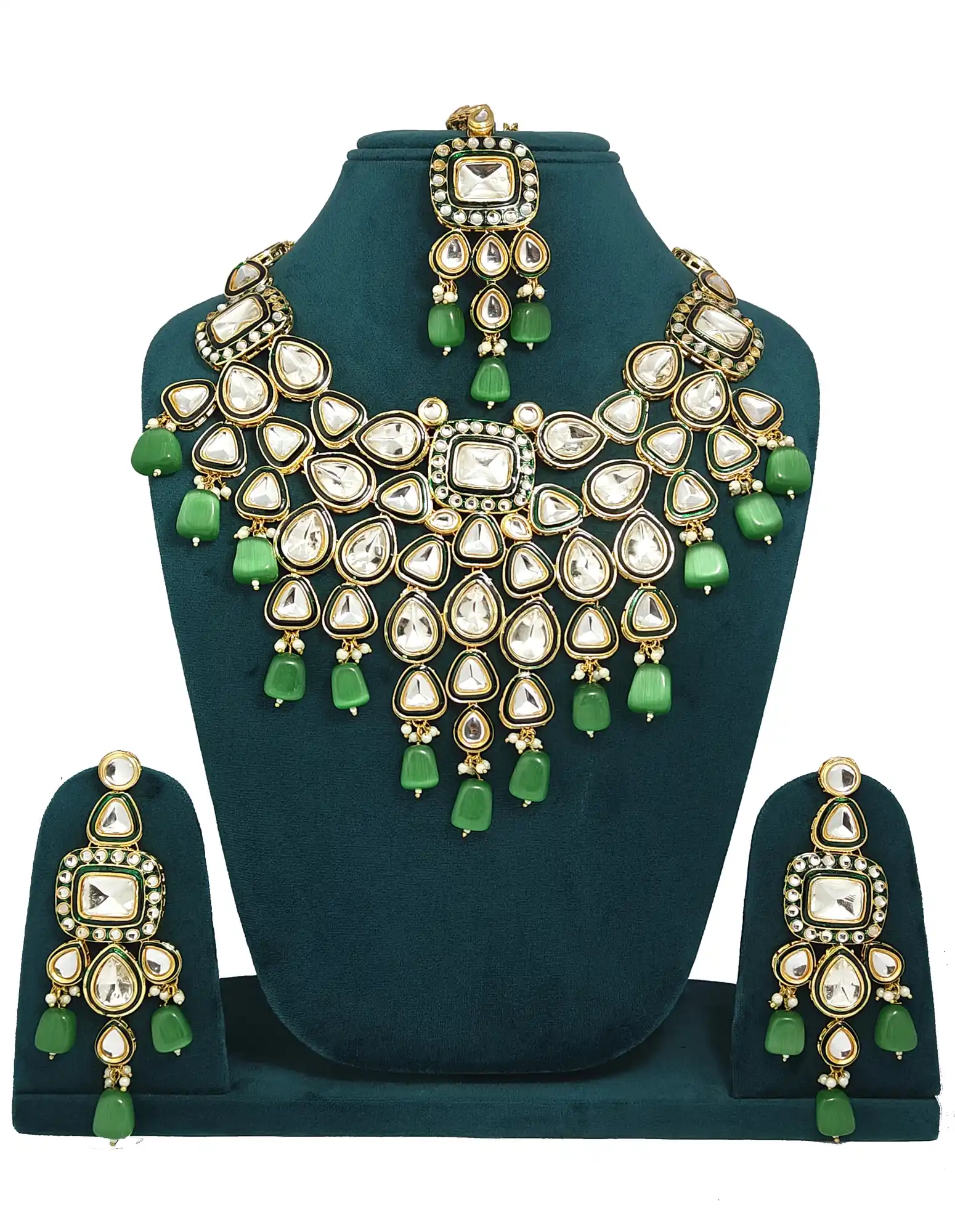 Royal Green Polki Kundan Necklace Set - None Heritage Polki Necklace Set - Image 1