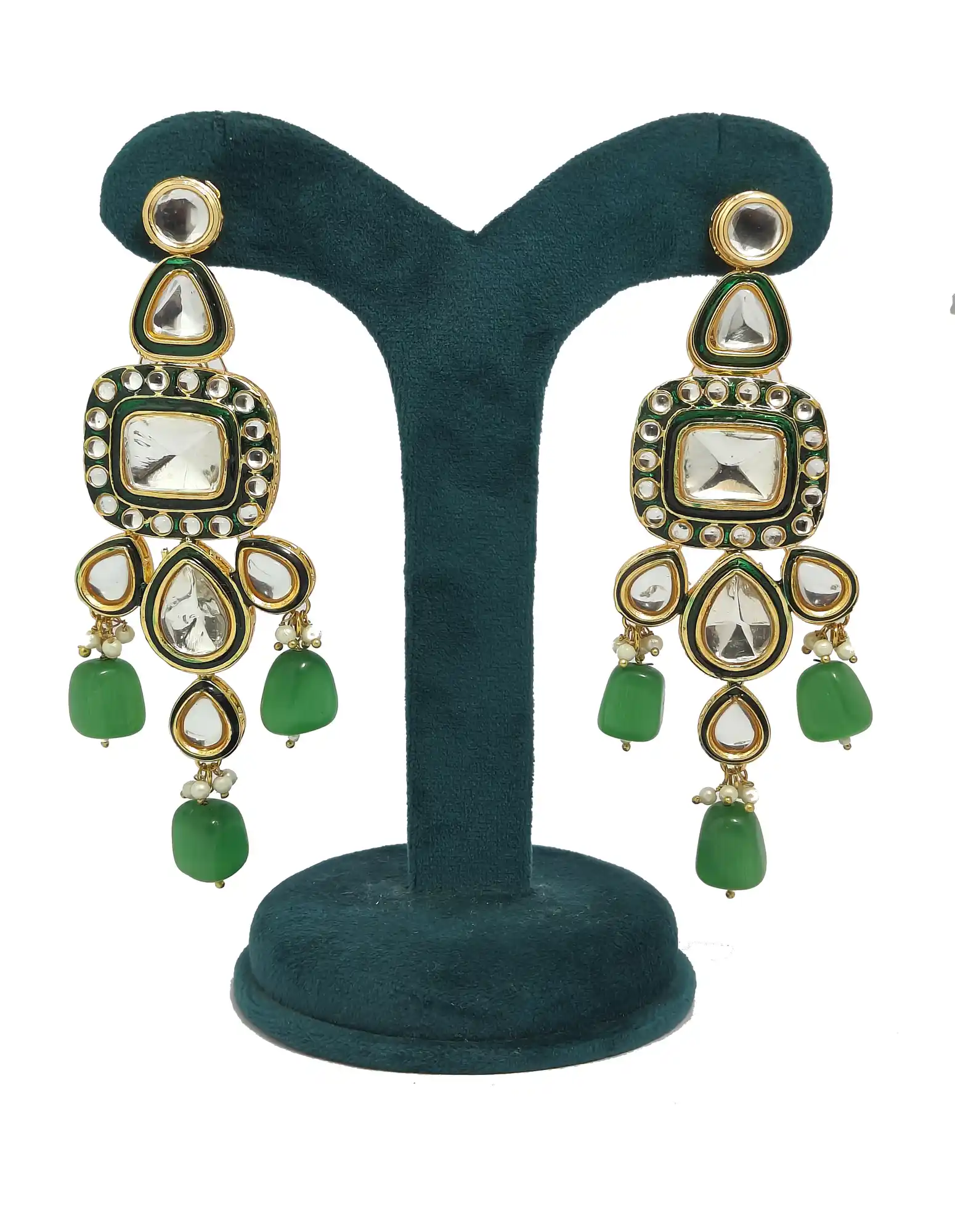 Earrings of Royal Green Polki Kundan Neckalce - None Heritage Polki Necklace Set - Image 4