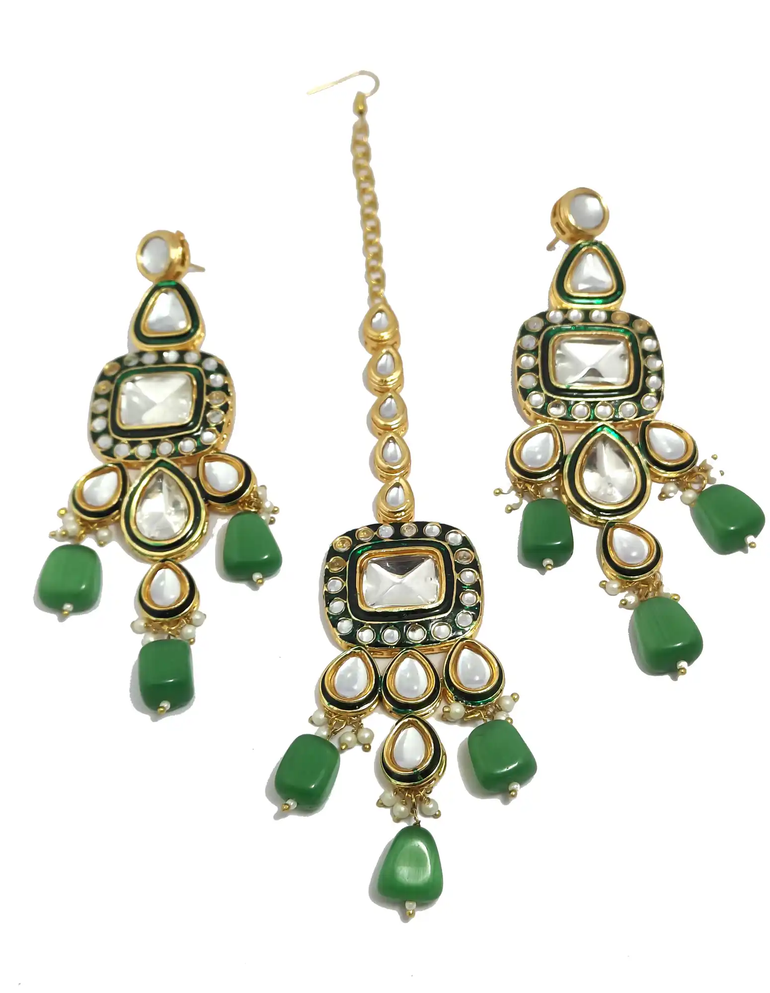 Green Polki Set with Maang Tikka - None Heritage Polki Necklace Set - Image 5