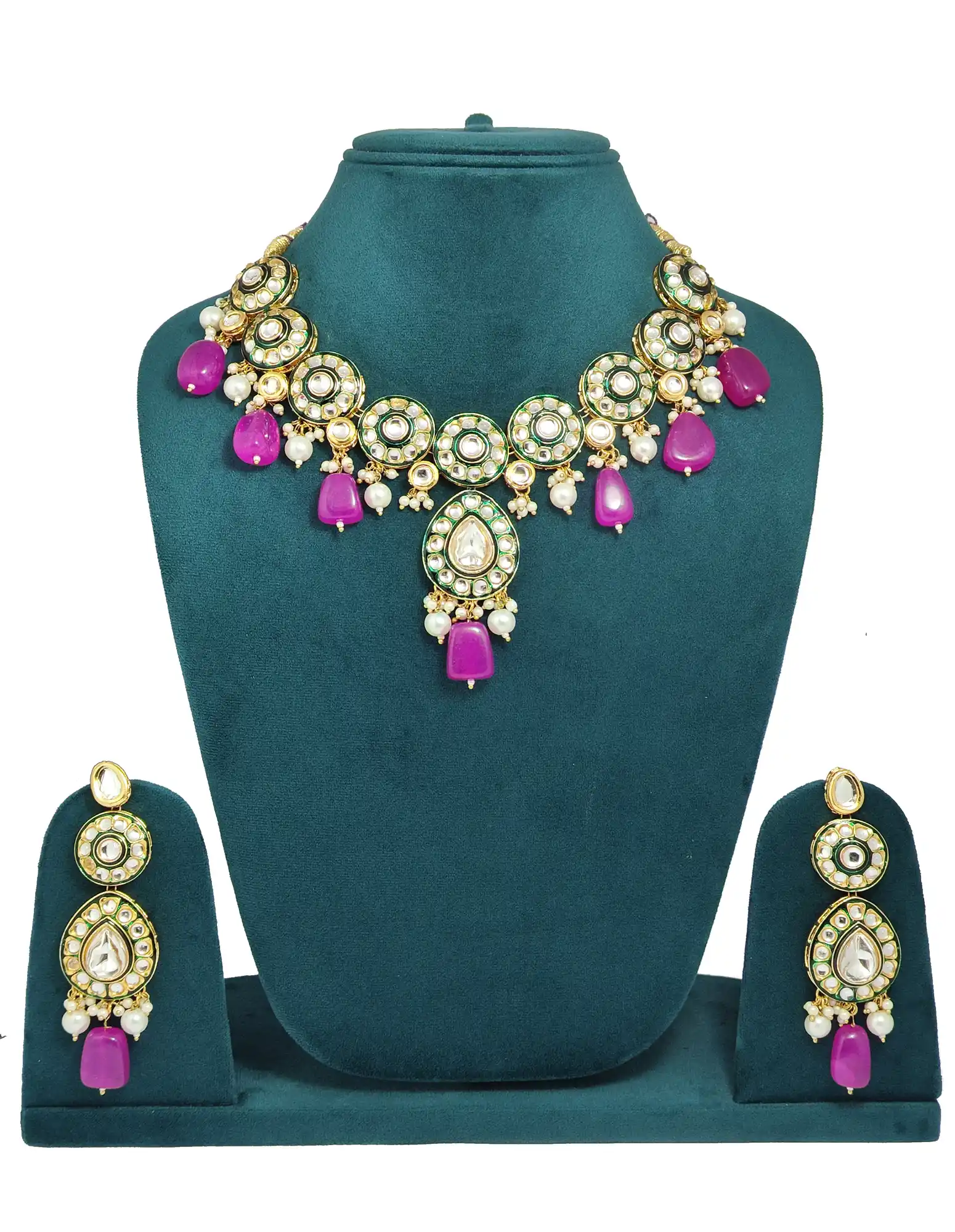 Dark Pink Kundan Polki Necklace Set - None Dark Pink Polki Kundan Necklace - Image 4