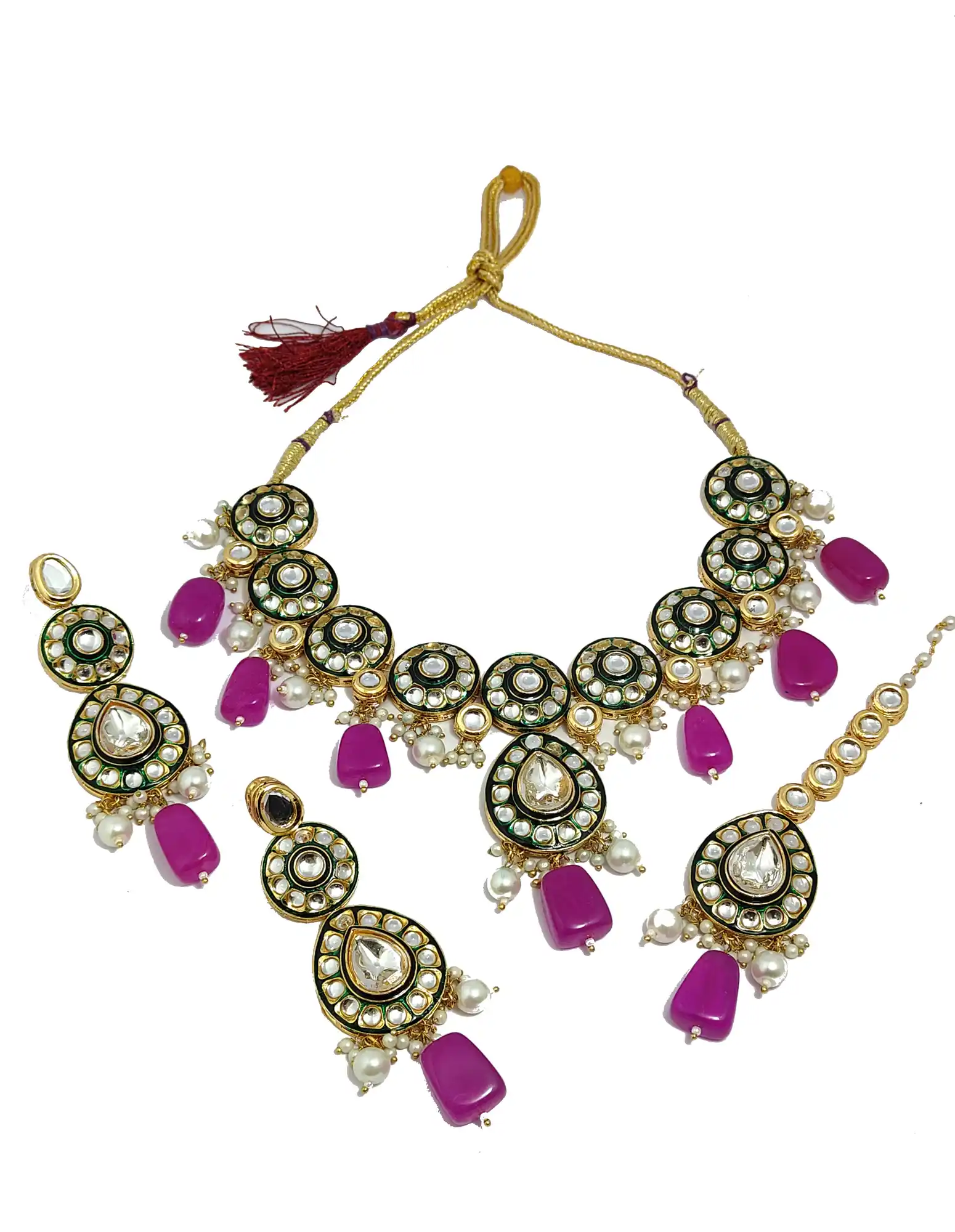 Dark Pink Kundan Polki Necklace Set - None Dark Pink Polki Kundan Necklace - Image 3