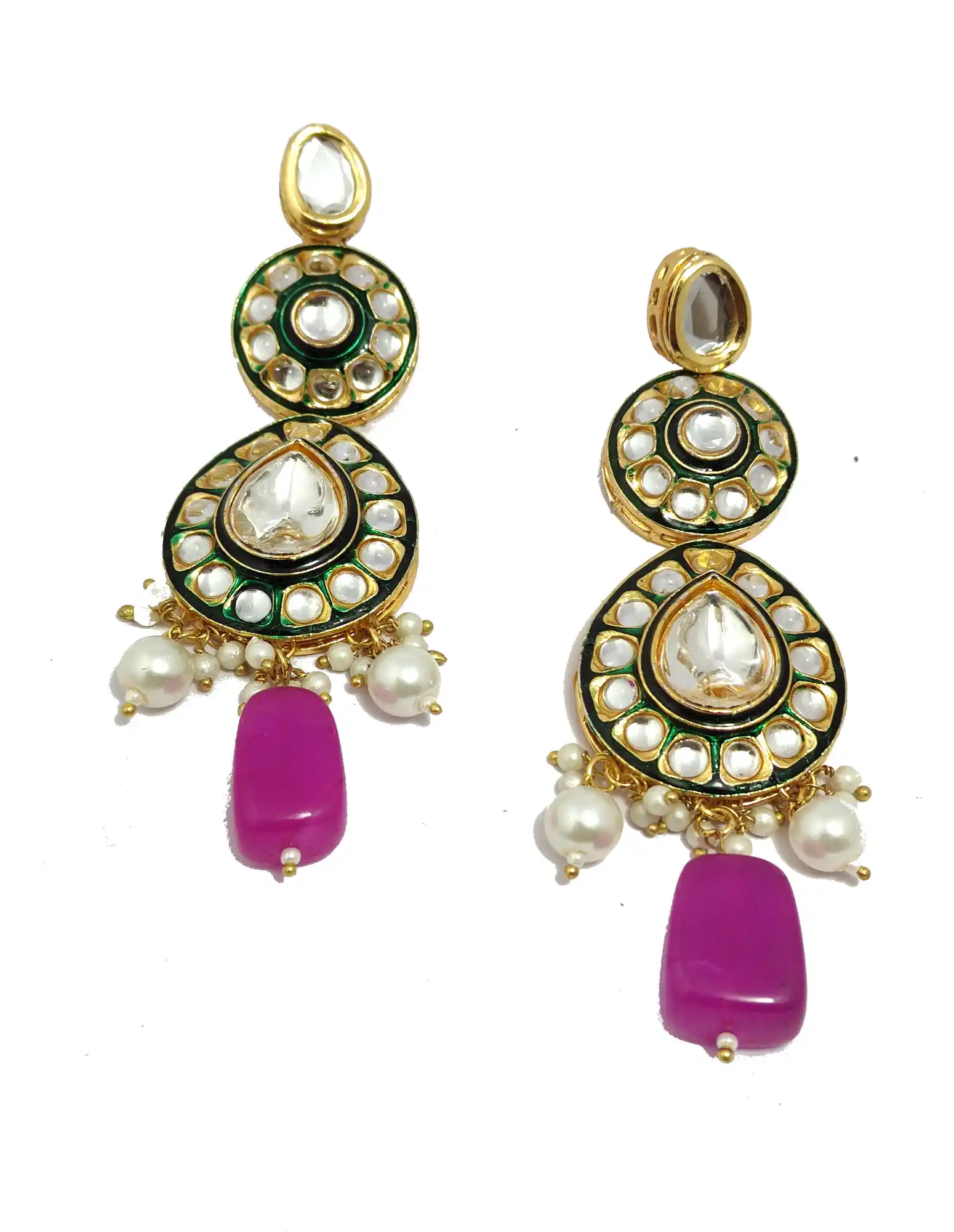 Earrings of Dark Pink Kundan Polki Necklace Set - None Dark Pink Polki Kundan Necklace - Image 5