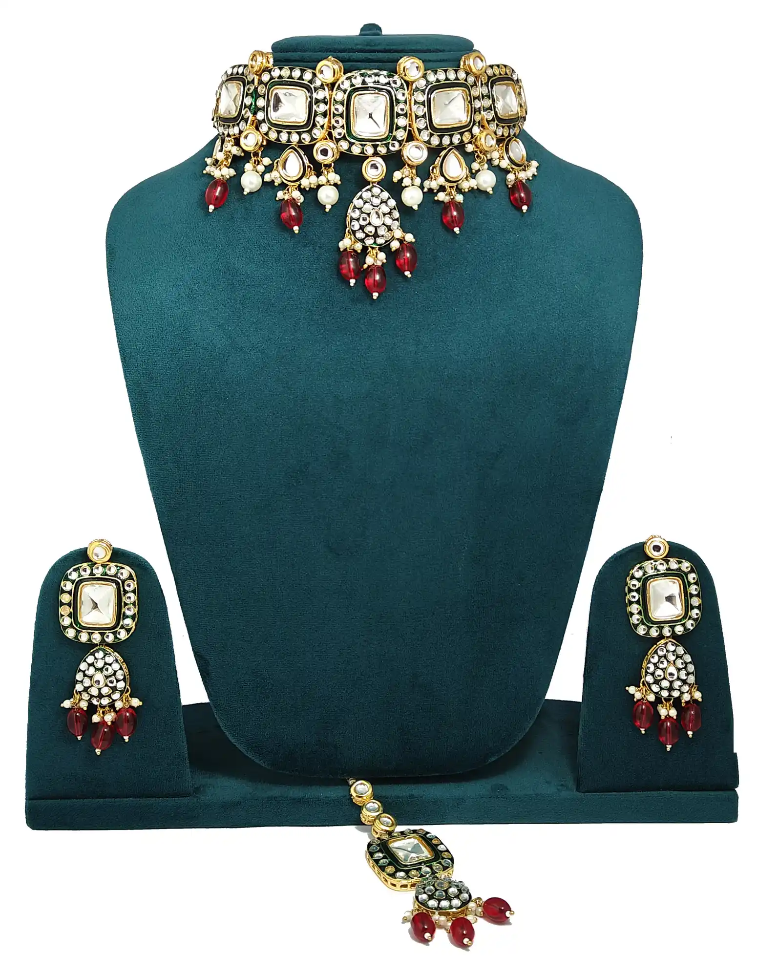 Indian Bollywood Kundan Gold Plated Choker Set - None Polki Choker Set - Image 1