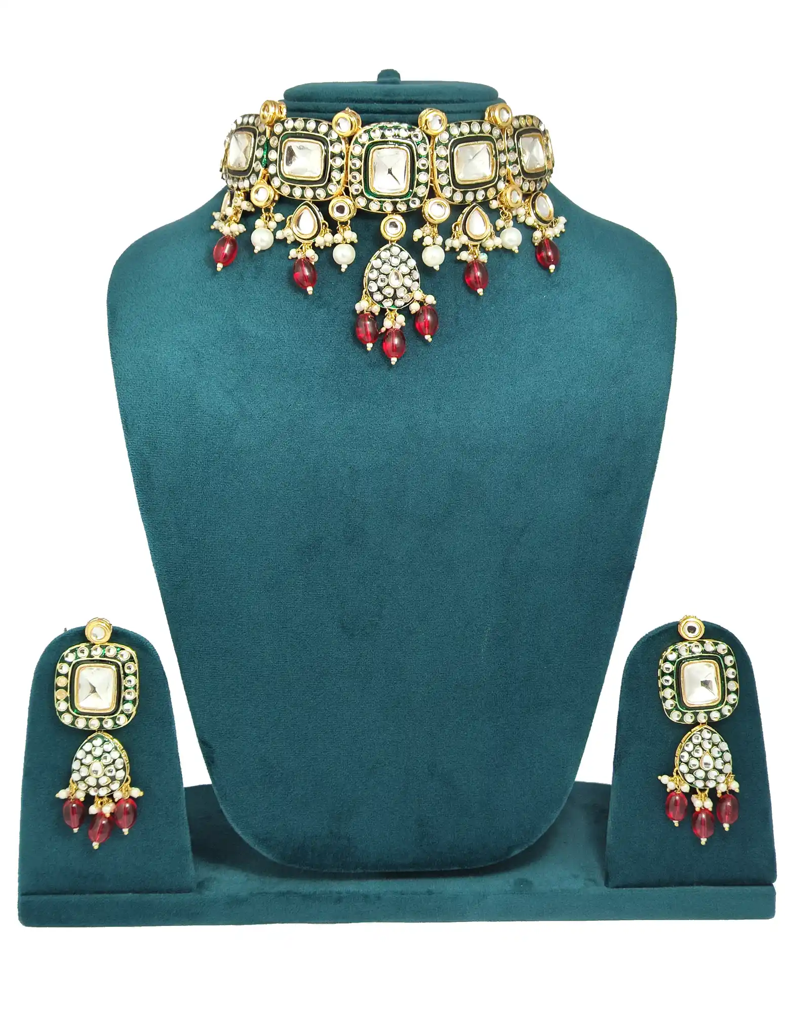 Red Kundan Necklace Choker Set - None Polki Choker Set - Image 3