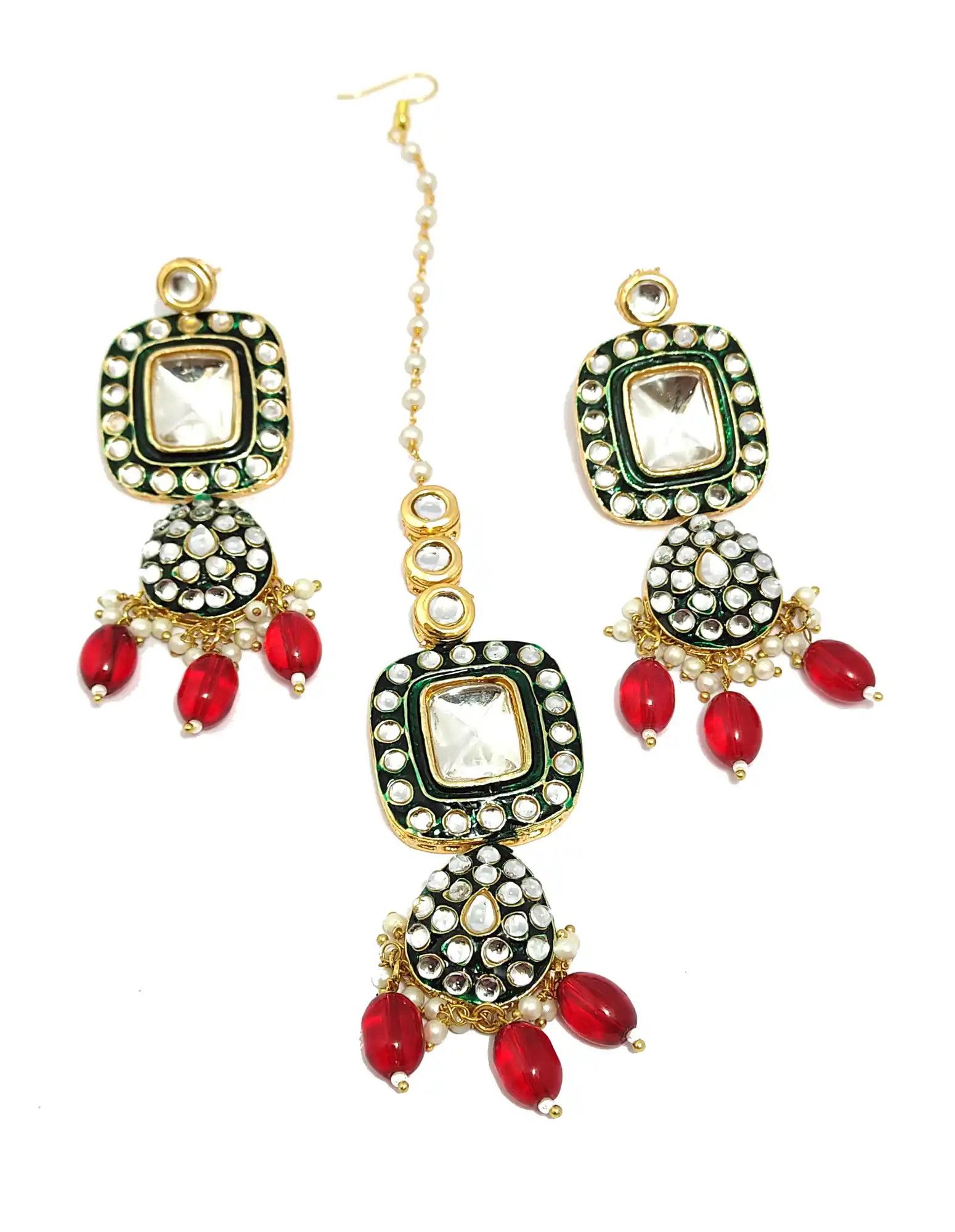 Earrings with Maang Tikka Set - None Polki Choker Set - Image 5