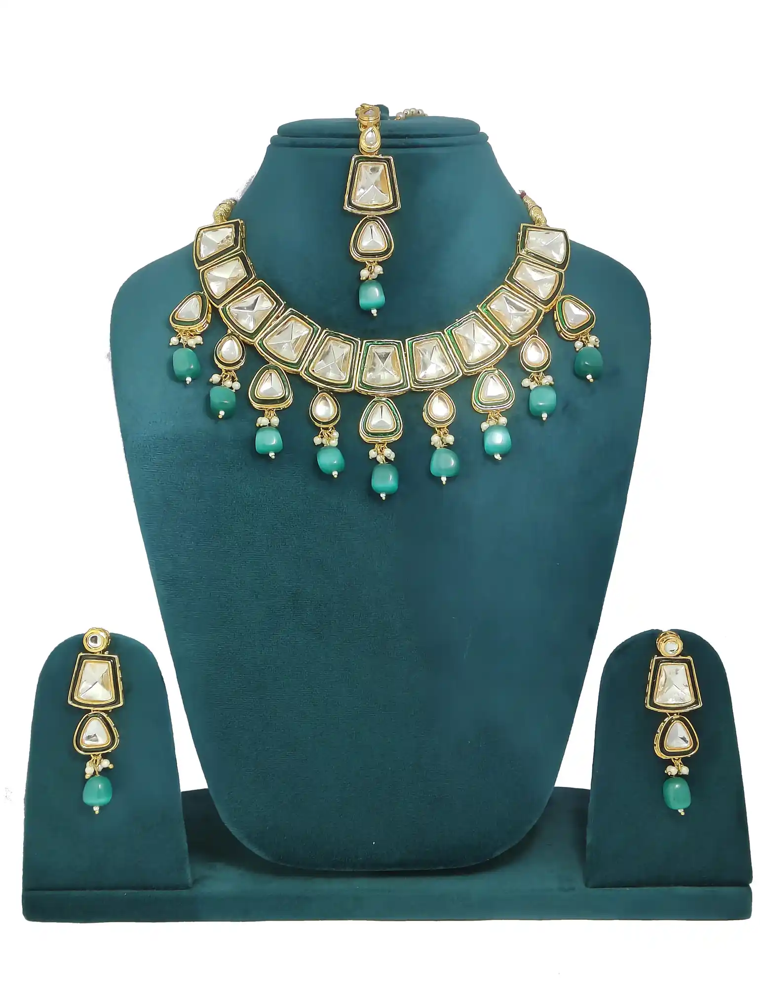 Gold-Plated Light Green Tumble And Polki Kundan Studded Jewellery Set