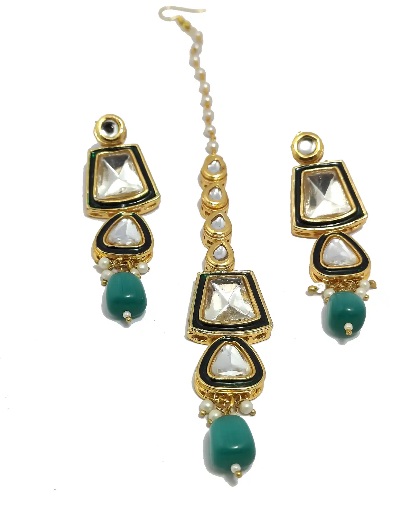Earrings with Maang Tikka Polki Kundan Studded Jew - None Kundan Jewellery - Image 6