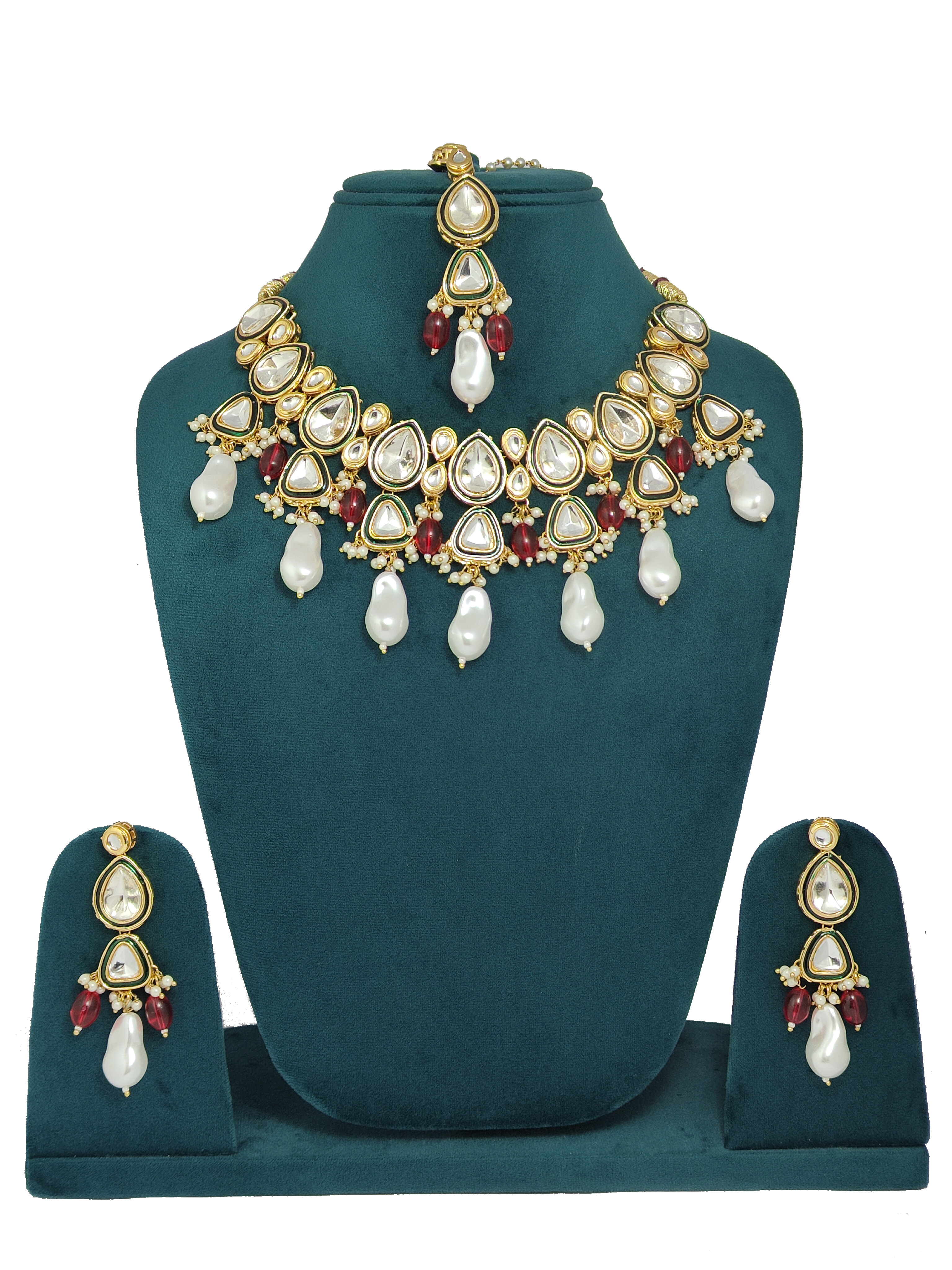 White Pearl Kundan Polki necklace Set - None Designer Polki Set - Image 1