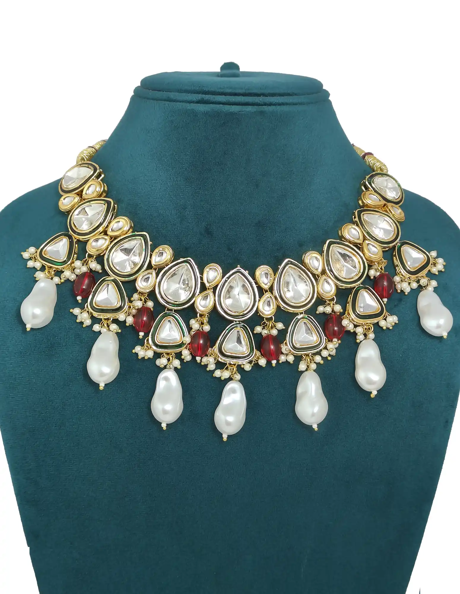 Designer White Pearl Kundan Polki necklace Set - None Designer Polki Set - Image 2