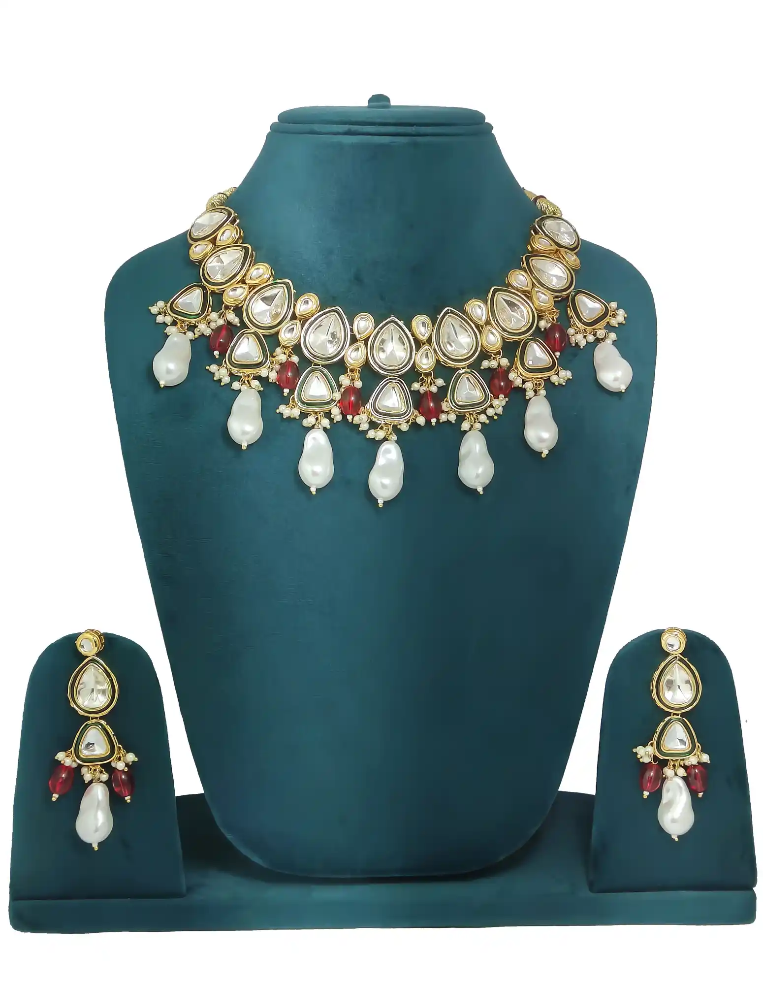Indian Traditional Design Party Wear Gold Plated White Pearl Polki Necklace Set - None Designer Polki Set - Image 3