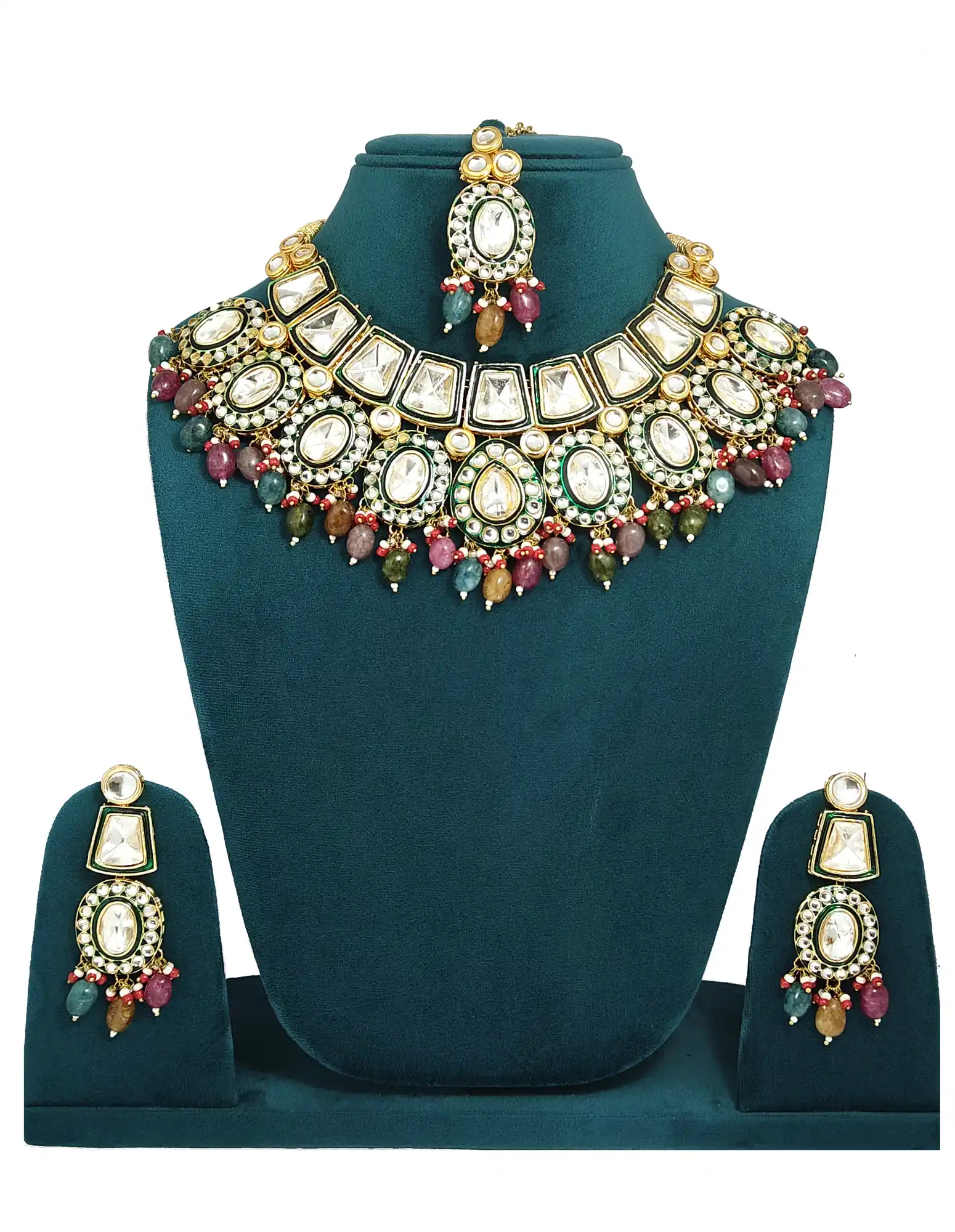 Multicolor Emerald Pearls Polki Kundan Necklace - None Multicolor Polki Necklace Set - Image 1