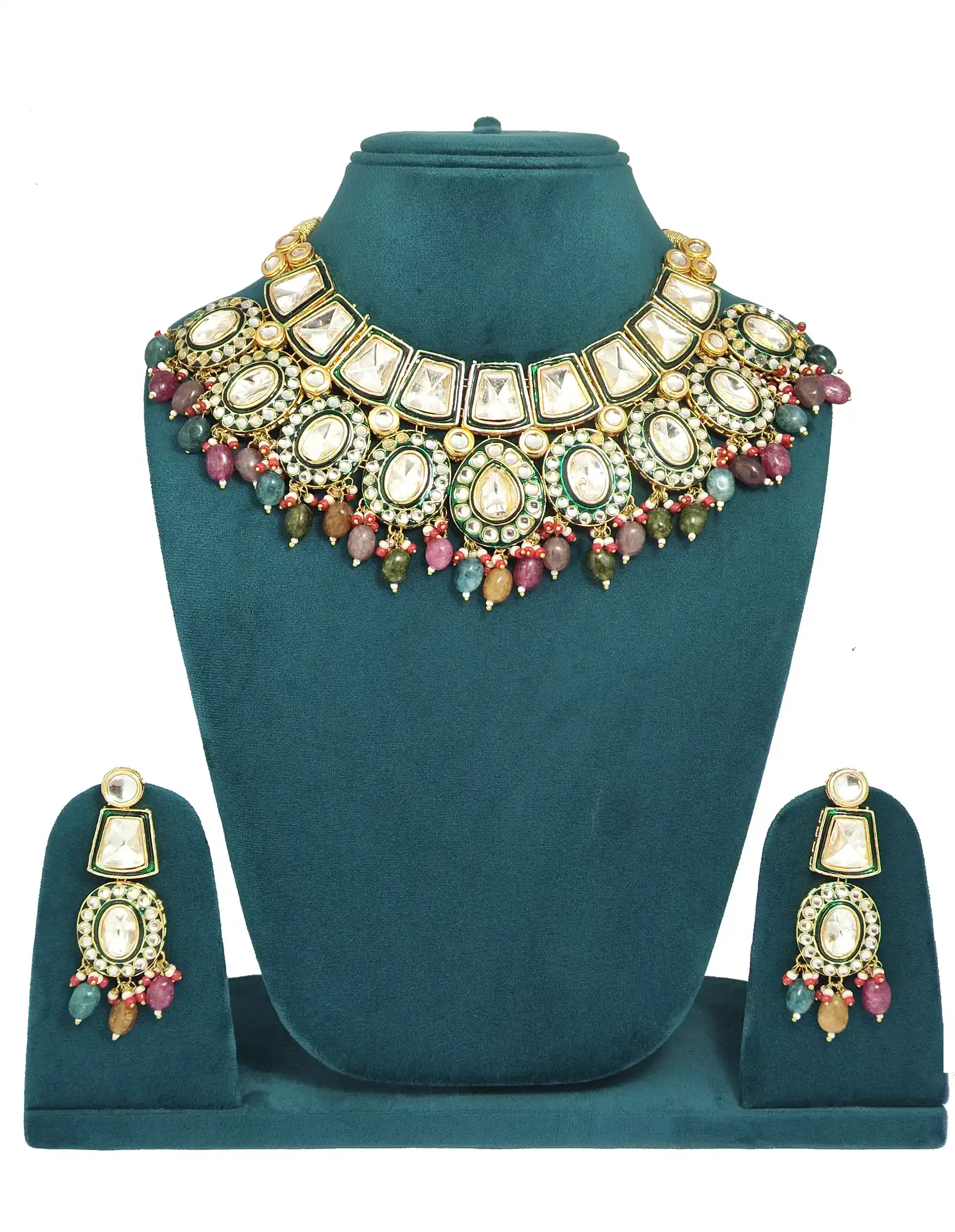 Gold Plated Multicolor Emerald Pearls Polki Kundan Necklace Set - None Multicolor Polki Necklace Set - Image 2