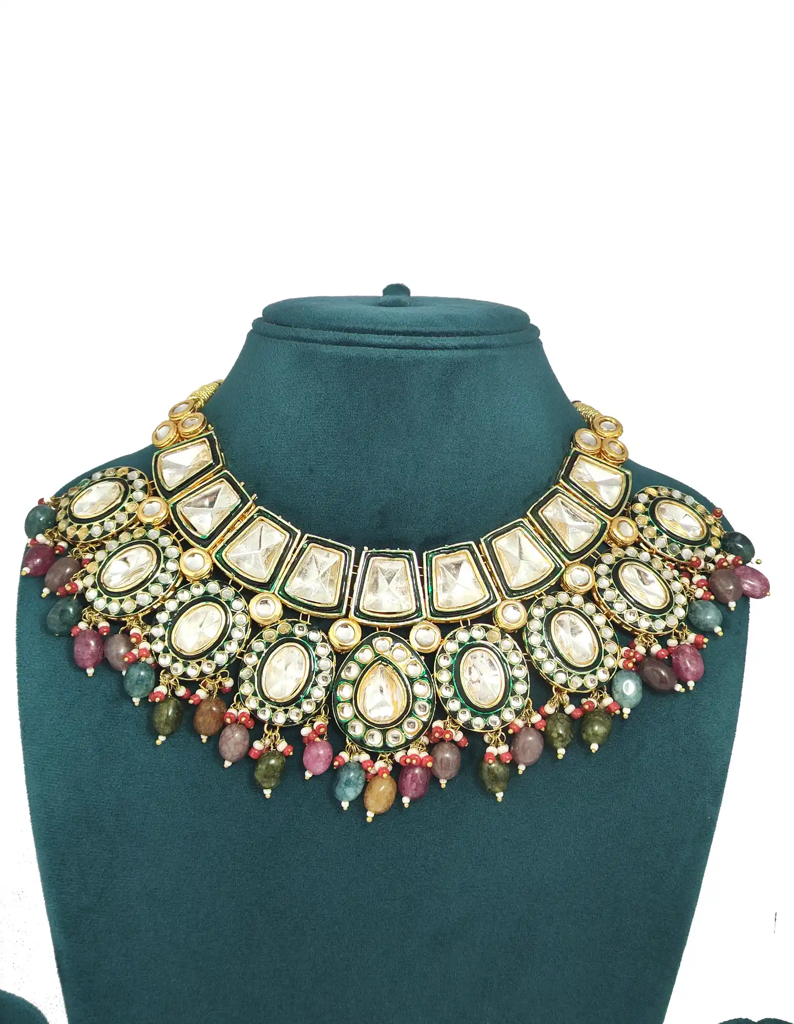 Gold Plated Multicolor Emerald Pearls Polki Kundan Necklace Set - None Multicolor Polki Necklace Set - Image 3